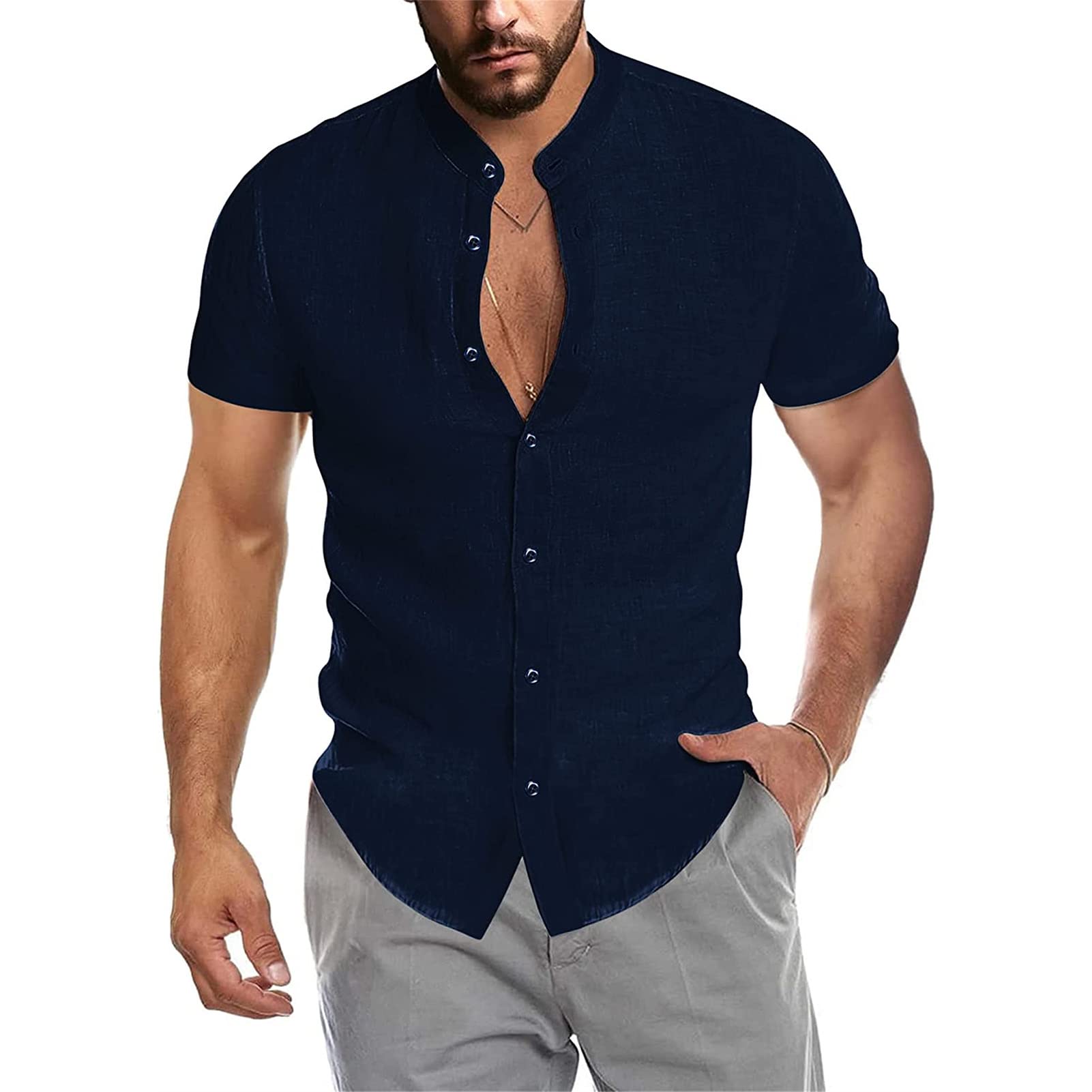 Breathable Men's Linen Button Down Shirt - Short Sleeve Band Collar Casual Beach Shirt | Yoga & Summer Outdoor Wear | Perfect for Vacation, Date Night & Relaxation