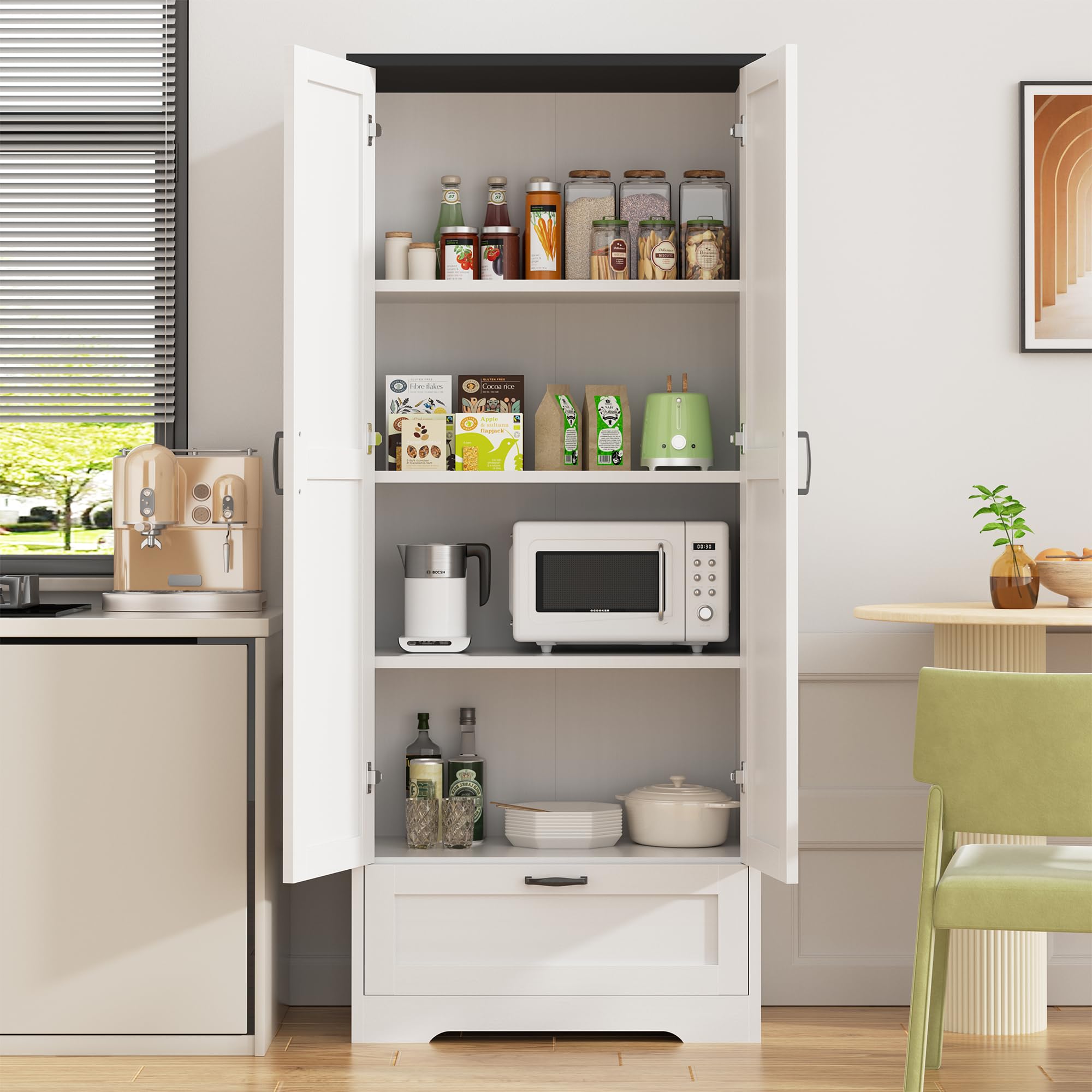 Shintenchi White Farmhouse Kitchen Pantry Cabinet - Freestanding Storage Cupboard with 4 Adjustable Shelves & 1 Drawer - Perfect for Organizing Kitchen, Dining Room, Bathroom or Living Room - Ideal for Storing Dishes, Linens, Towels & Home Essentials