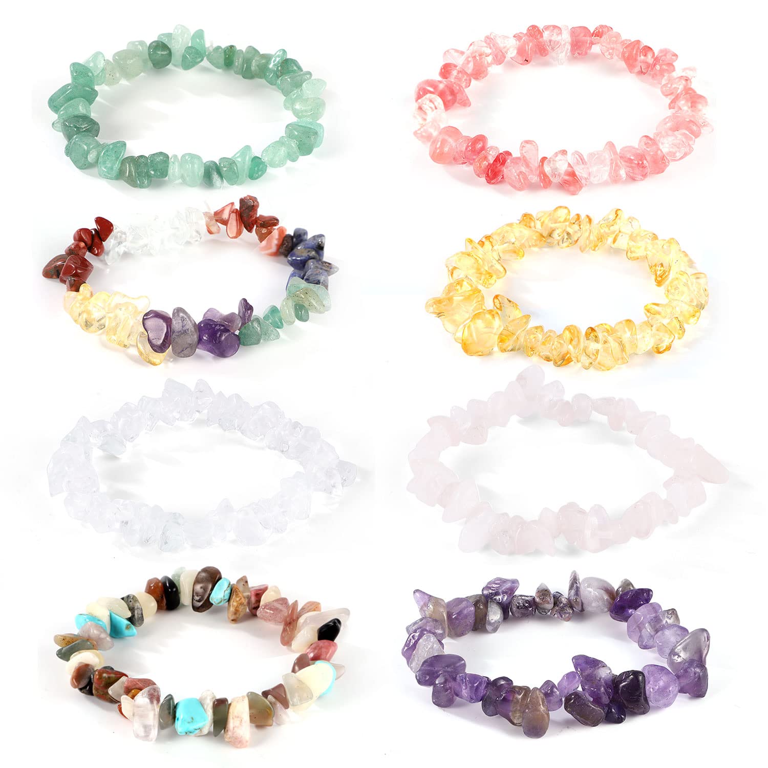 8pcs Natural Colorful Crystal Chakra Bracelets for Women & Men - 7 Chakra Healing Gemstone Bracelet Set with Irregular Crystal Chips | Meditation, Yoga, Spiritual Healing & Positive Energy