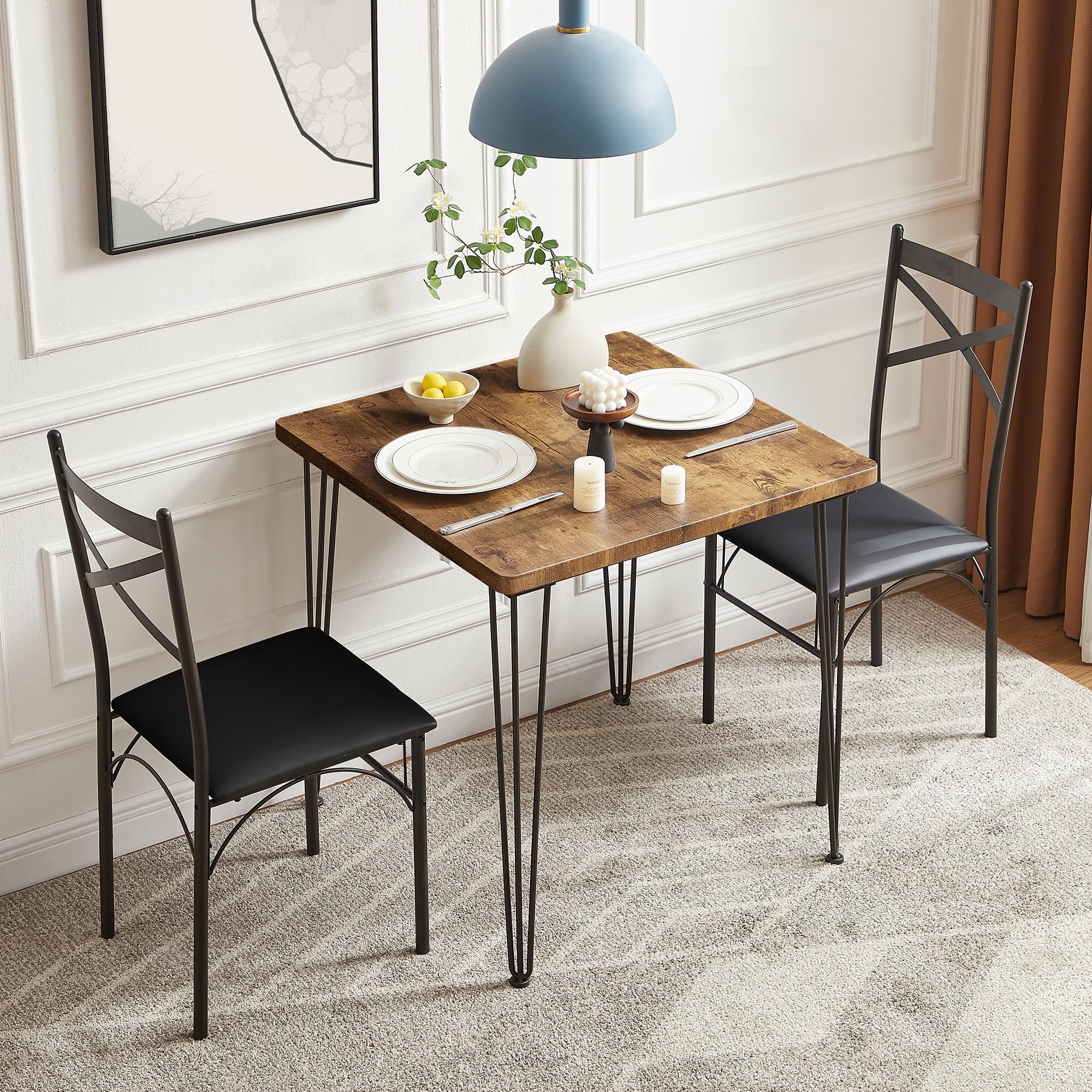 VECELO 3-Piece Dining Table Set with PU Cushion Chairs - Compact Kitchen Table for Small Spaces | Perfect for Apartments, Breakfast Nooks & Cozy Dining Areas