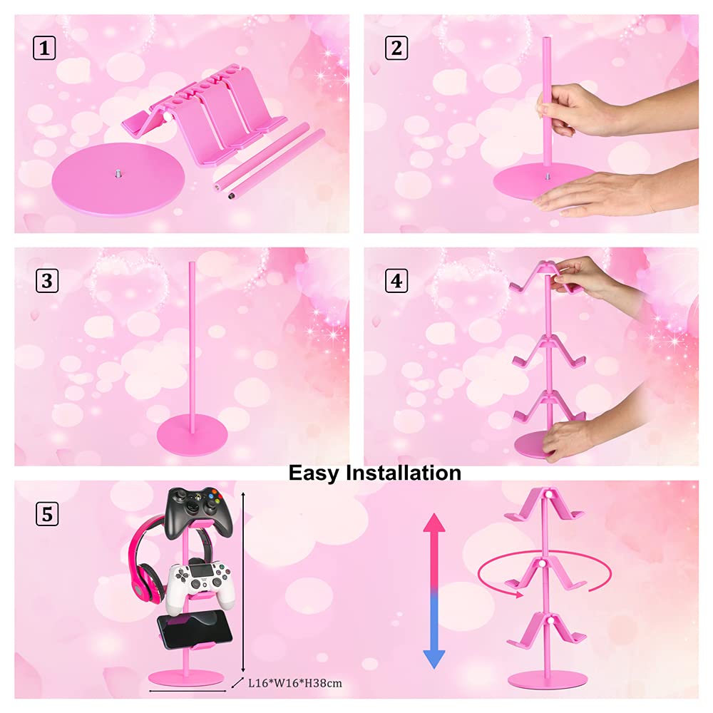 Pink Controller Holder & Headphone Stand - 3-Tier Adjustable Gaming Accessory Organizer for Xbox, PS4, PS5, Nintendo Switch - Perfect for Gaming Setup & Desk Organization (Cute Pink)