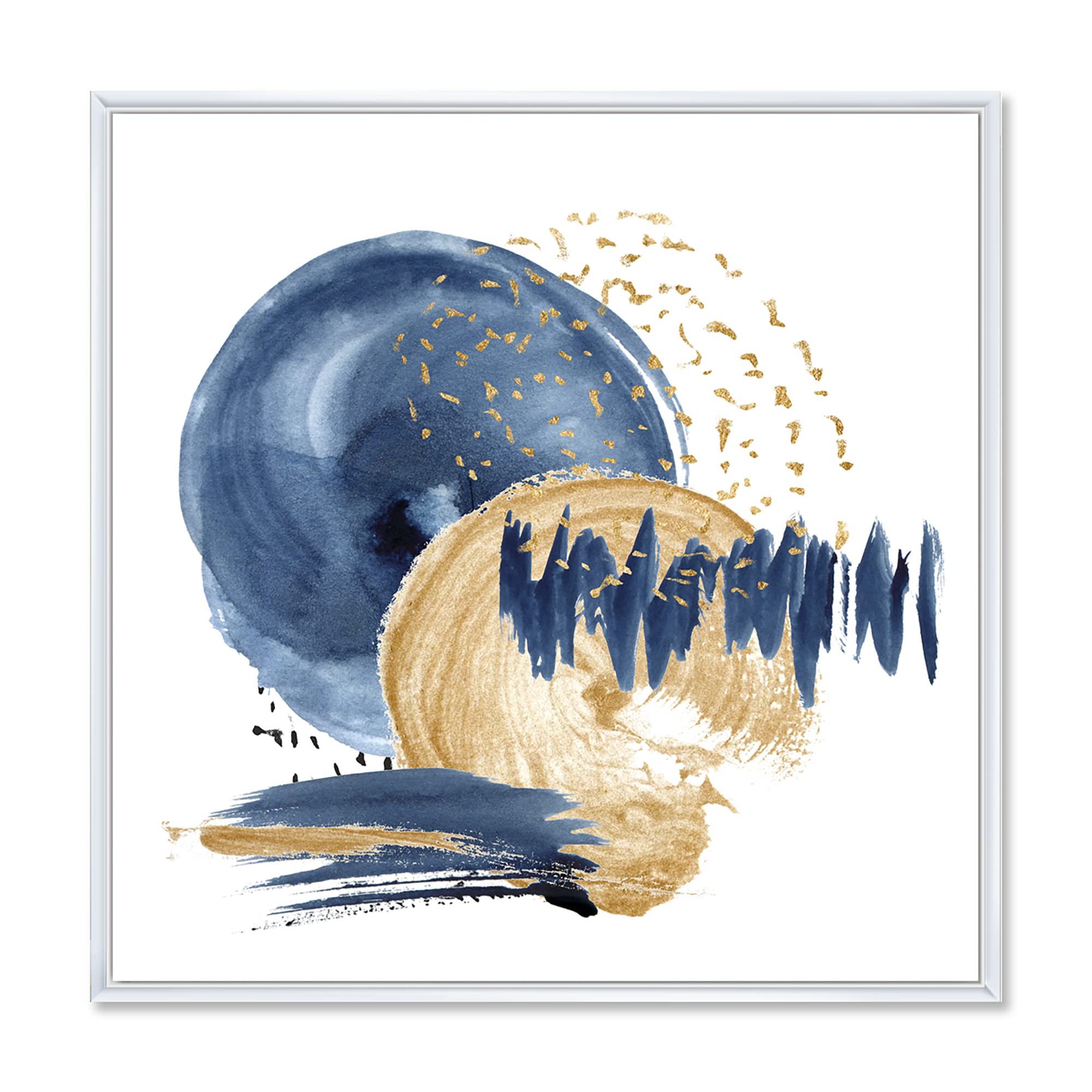 DesignQ Dark Blue & Gold Abstract Ocean Circle Texture - Modern Framed Canvas Wall Art Print for Living Room & Bedroom Decor