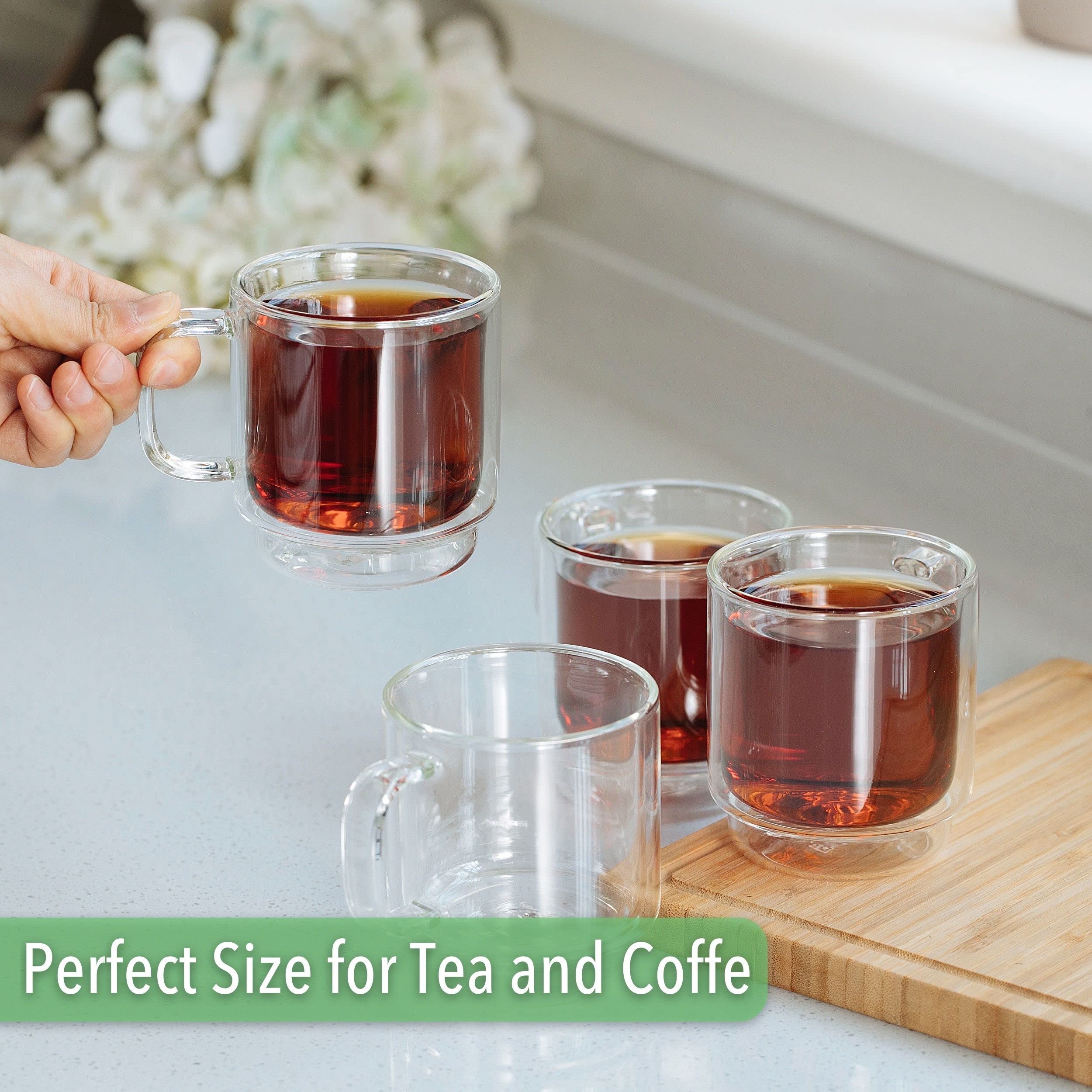 BTaT- 4-Pack Stackable Espresso Cups & Demitasse Cups - 5.0 oz (150ml) Double Wall Insulated Glass Coffee Mugs - Clear Tea & Espresso Glasses for Hot Beverages - Perfect for Home, Office or Café Use