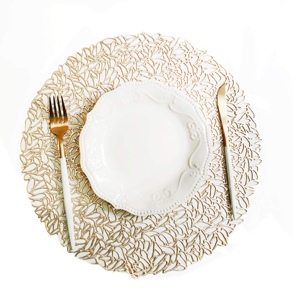 Premium Round Decorative Placemats Set of 4 - Non-Slip Pressed Vinyl Table Mats with Insulation, 15x15 Inch Hollow-Out Design for Dining Table Decor (Golden) - Perfect for Holiday Dinners, Parties & Home Decor