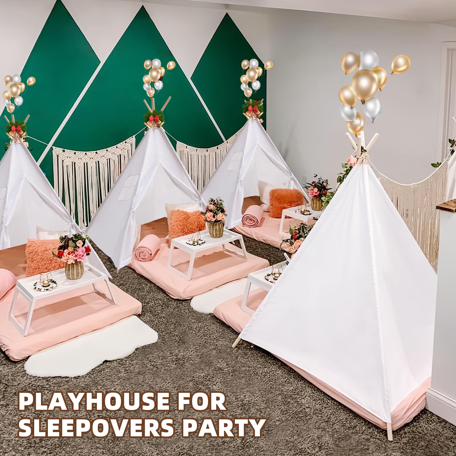 Wholelovein 6-Piece Kids Teepee Play Tent - Foldable & Washable Boho Playhouse for Girls & Boys - Perfect for Indoor Play, Sleepovers, Birthday Parties & Nursery Decor (White)