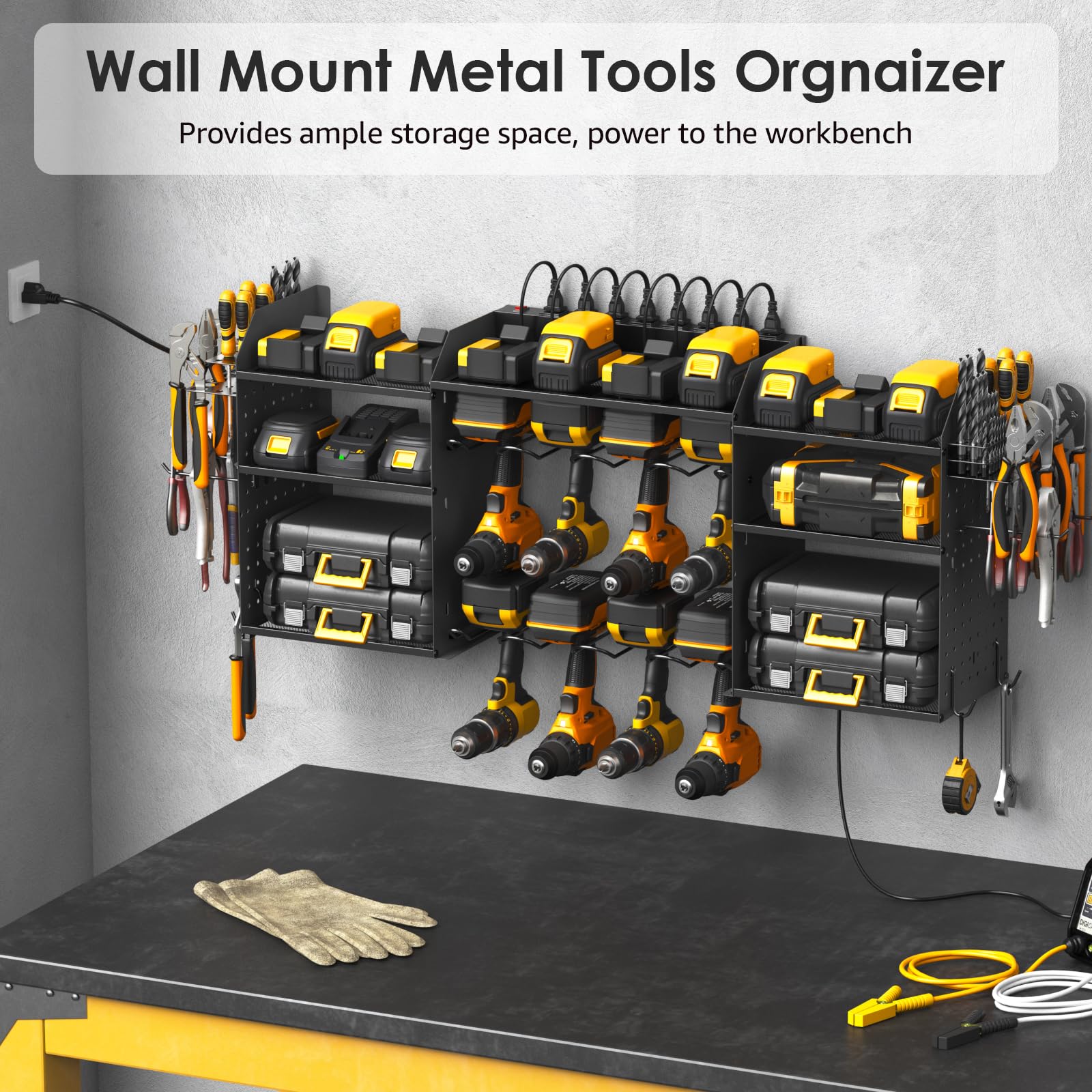CCCEI 39-Inch Large Black Wall-Mounted Power Tool Organizer with 10FT Power Strip - 8 Drill Battery Holder & Garage Storage Rack for Pegboard Hanging - Perfect for Workshop, Garage, and DIY Tool Organization
