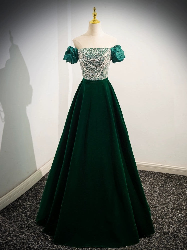 Elegant A-Line Velvet Sequin Beaded Green Long Prom Dress - Formal Evening Gown for Homecoming, Ball, and Special Occasions