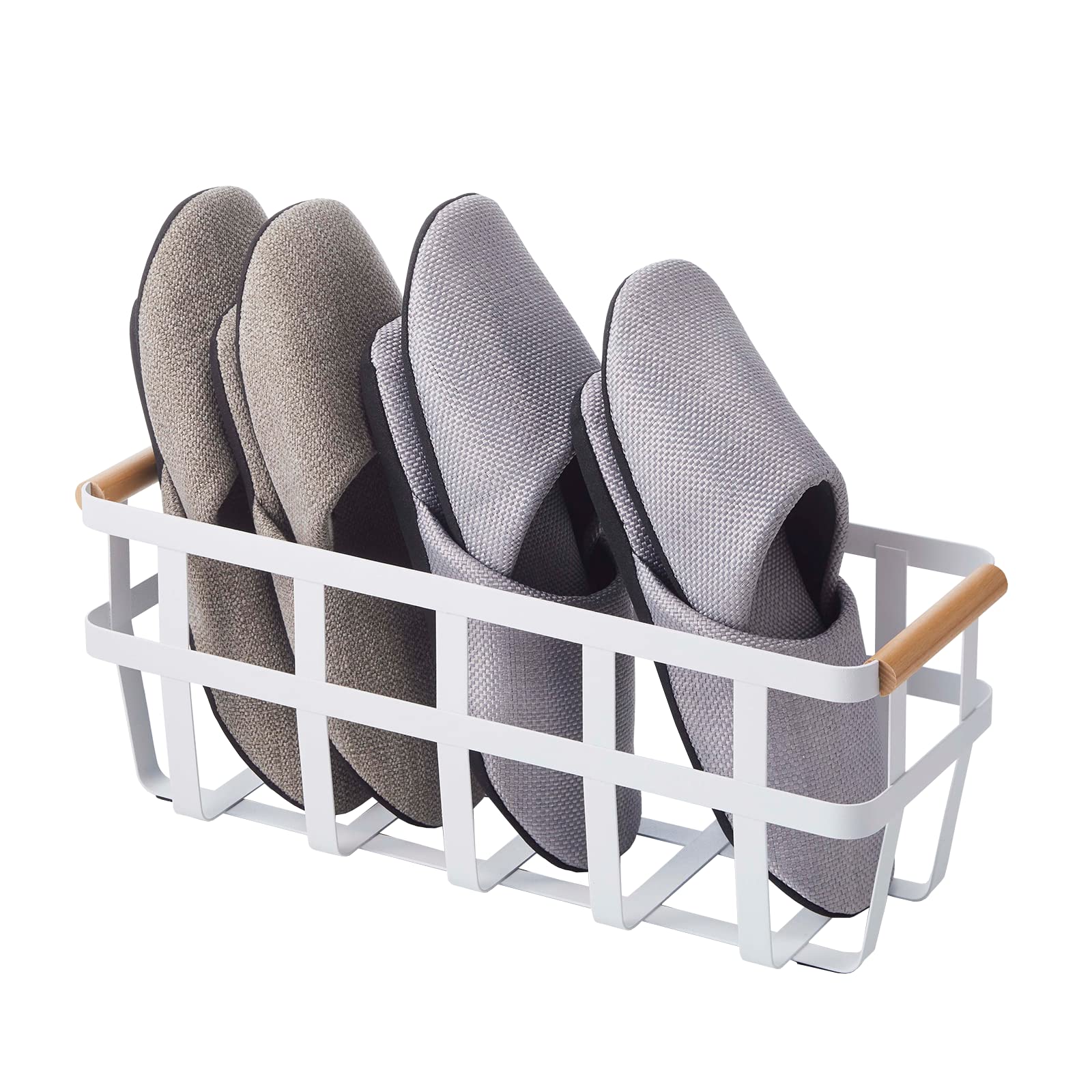 Yamazaki Home Storage Basket with Wooden Handle - Small White Steel & Wood Organizer Bin for Kitchen, Bathroom, or Office Organization