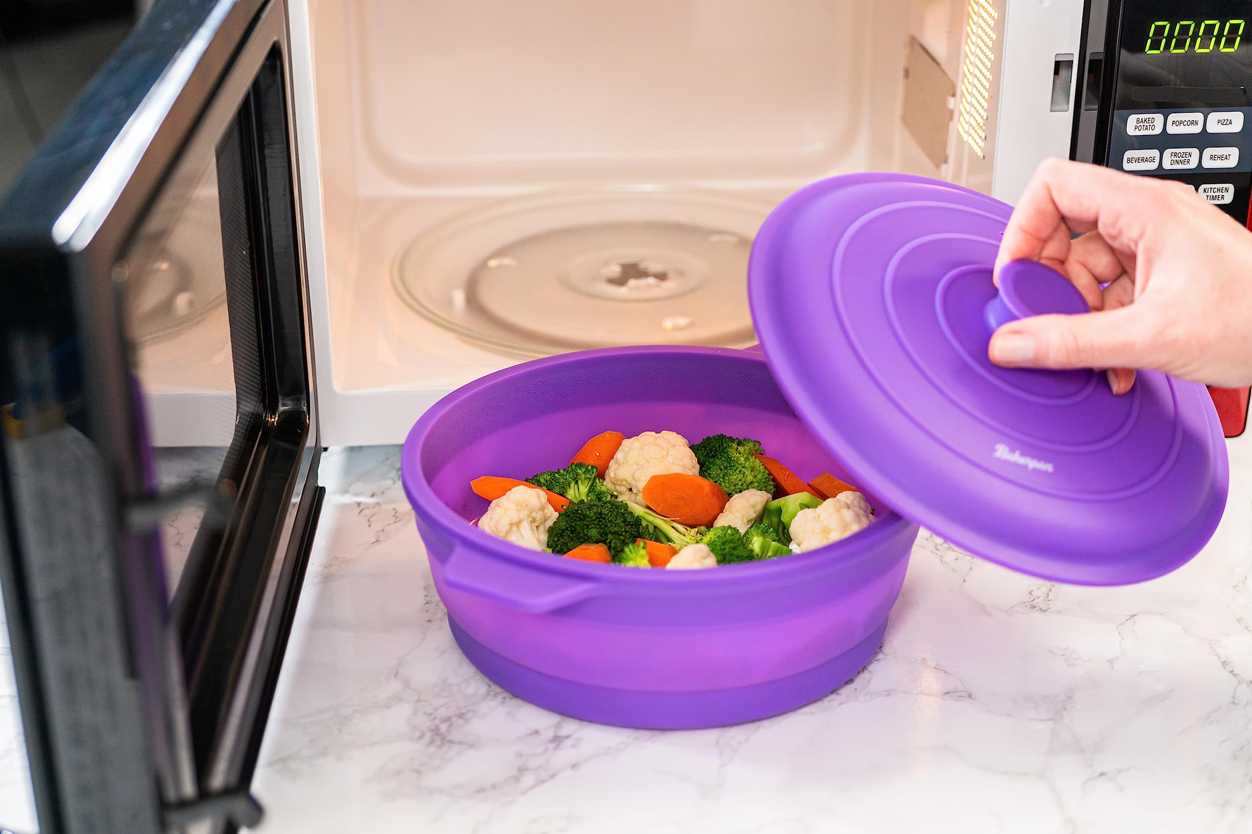 Bakerpan Silicone Microwave Steamer for Vegetables - 64 Fl oz Collapsible Steamer Pot with Lid for Air Fryer & Healthy Cooking | Perfect for Meal Prep, Steaming Veggies & Reheating Leftovers