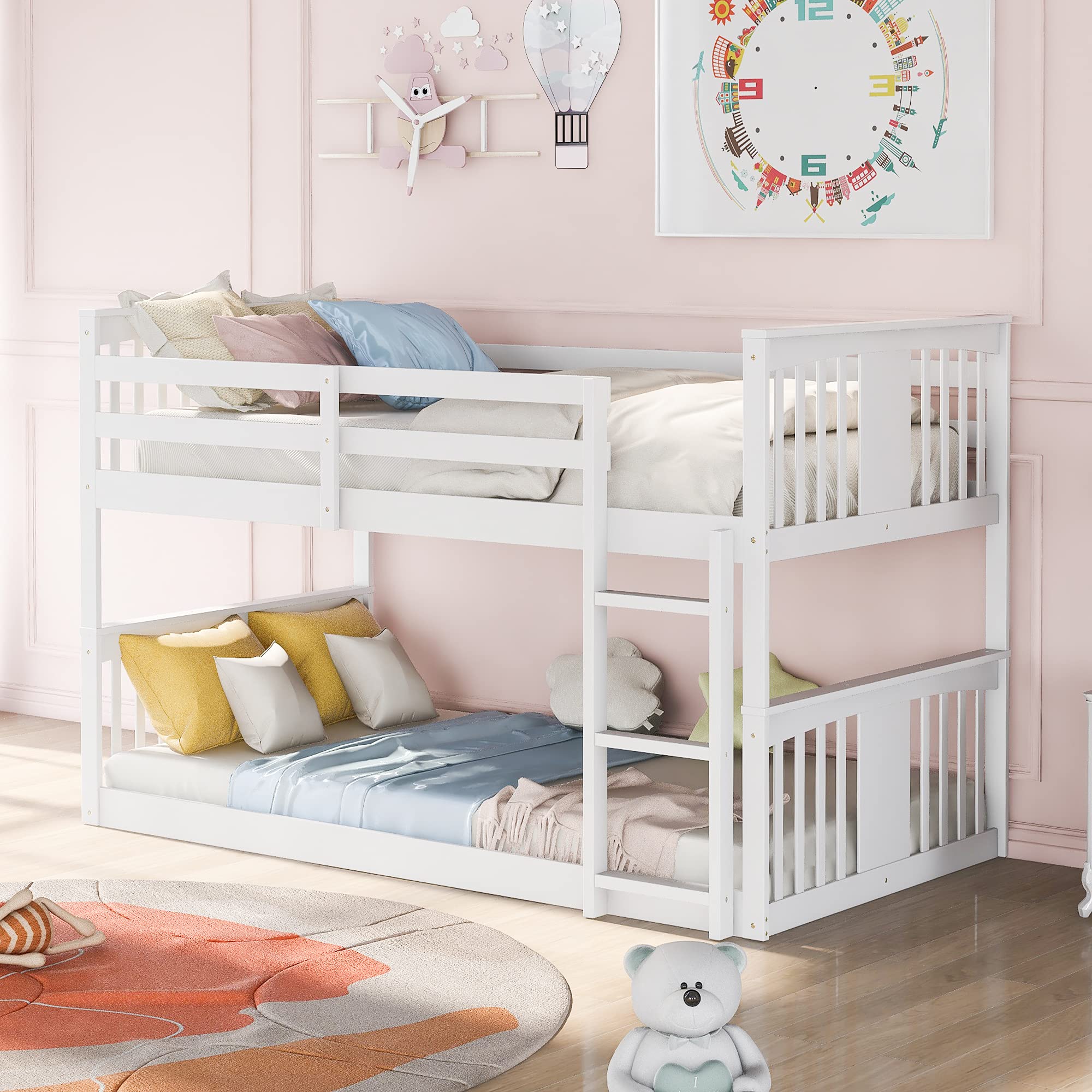 LZ LEISURE ZONE Twin Over Twin Bunk Bed - Solid Wood Twin Size Bunk Bed with Sturdy Ladder, Low Profile Design (No Box Spring Required) - Perfect for Kids' Bedroom, Guest Room & Space-Saving Solutions (White)