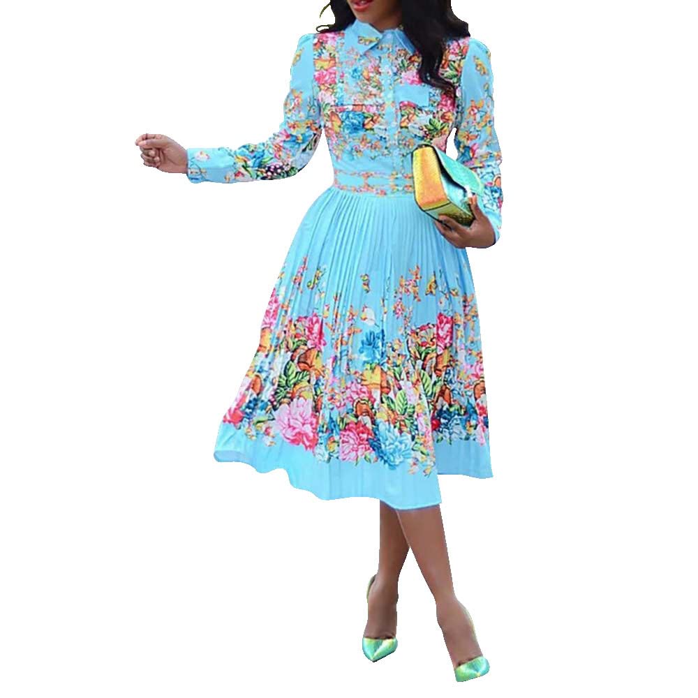 IUALXYBB Women's Elegant Digital Print Midi Dress - Long Sleeve Round Neck Pleated Casual Dress for Work, Party & Date Night | Flattering Fit for Everyday Wear