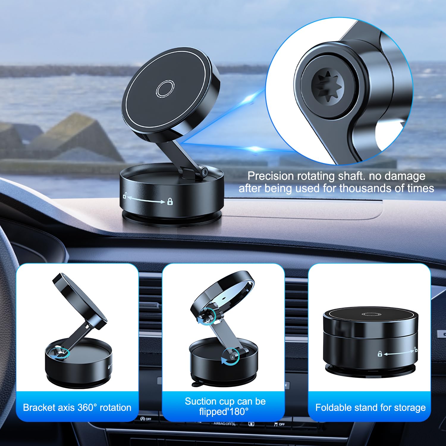 Vacuum Magnetic Phone Holder for Car - 360° Rotatable & Foldable Car Phone Mount with Strong Suction, Universal for iPhone, Samsung, Android - Perfect for Driving, Gym, Mirror (Black)