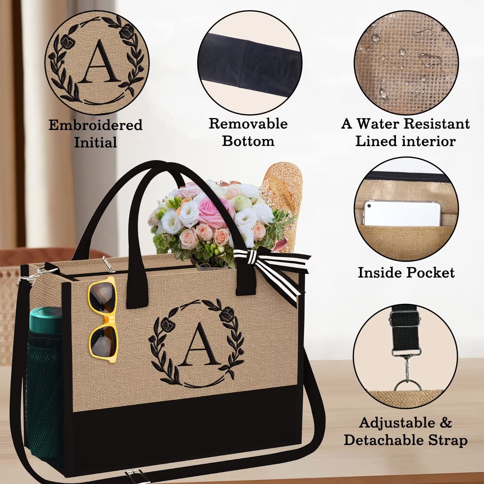 YOOLIFE Personalized Initial Jute Tote Bag for Women - Zipper Pockets & Adjustable Strap - Perfect Birthday Gift, Mother's Day Present & Everyday Use
