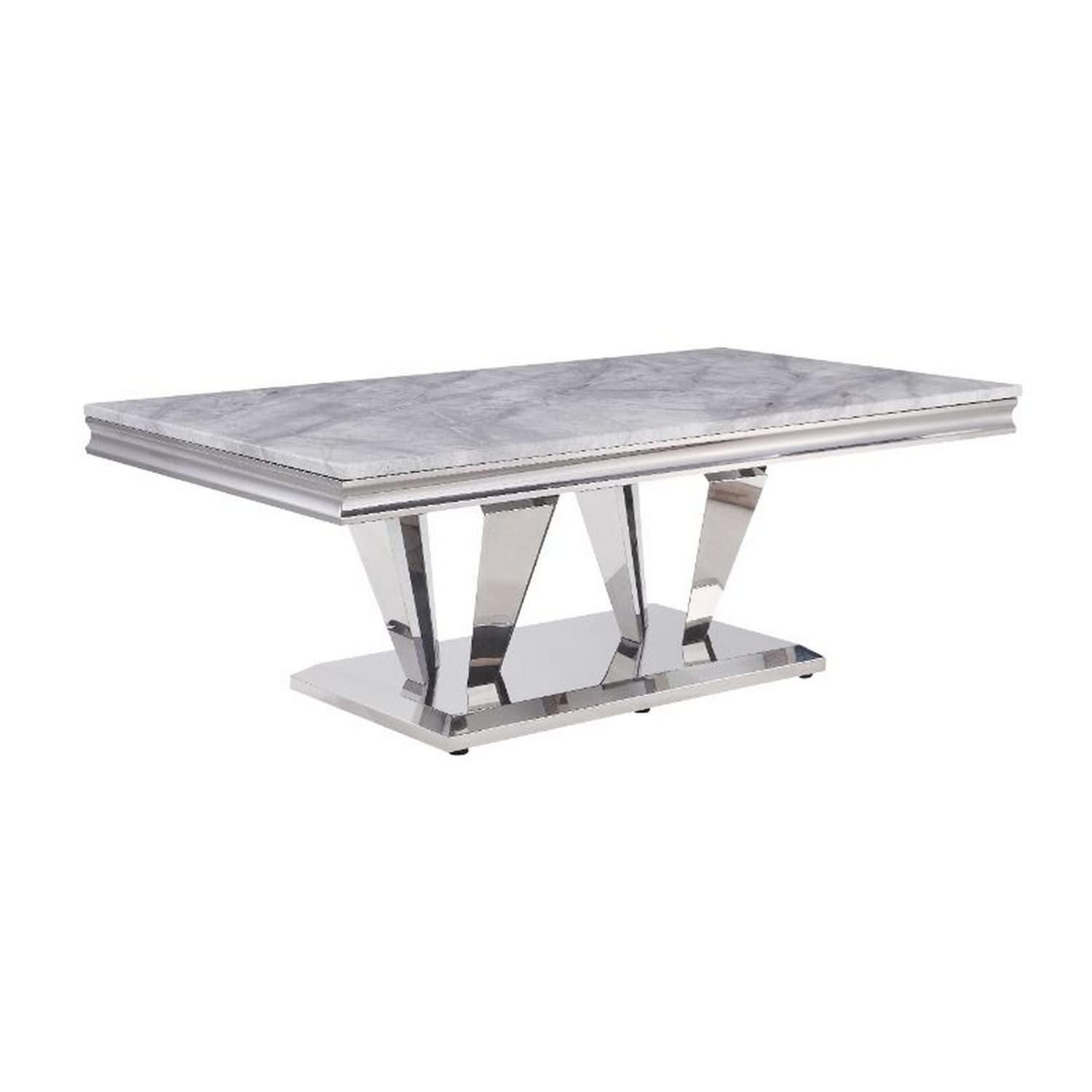 Benjara Modern Coffee Table with Faux Marble Top & Sturdy Steel Base in Silver - Perfect for Living Room, Lounge & Office Decor