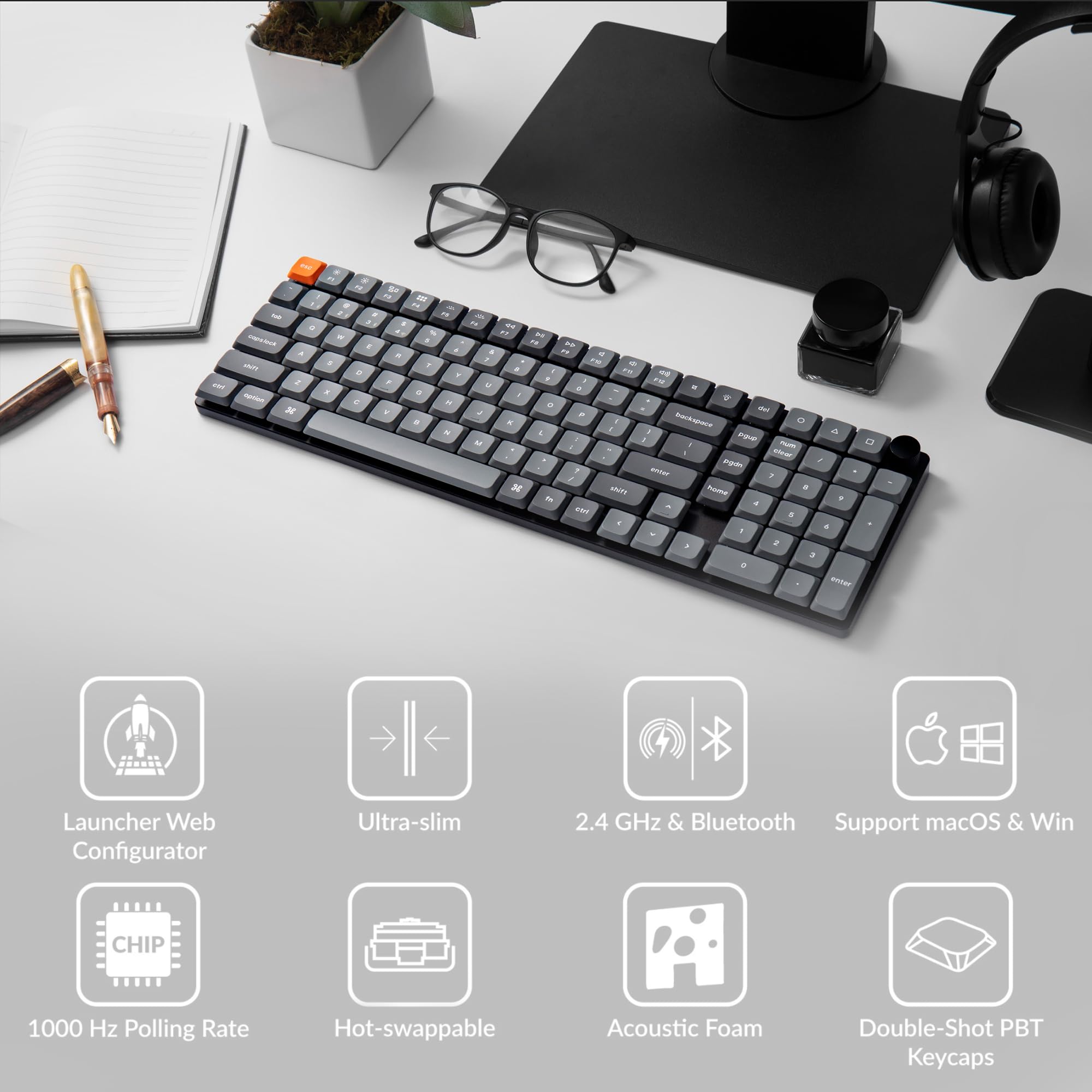 Keychron K17 Max Ultra-Slim Wireless Mechanical Keyboard - QMK/VIA Programmable, RGB Backlit, Hot-Swappable Low-Profile Gateron Brown Switches, USB Type-C Wired - Compatible with Mac, Windows, Linux - Perfect for Office Work, Gaming & Programming