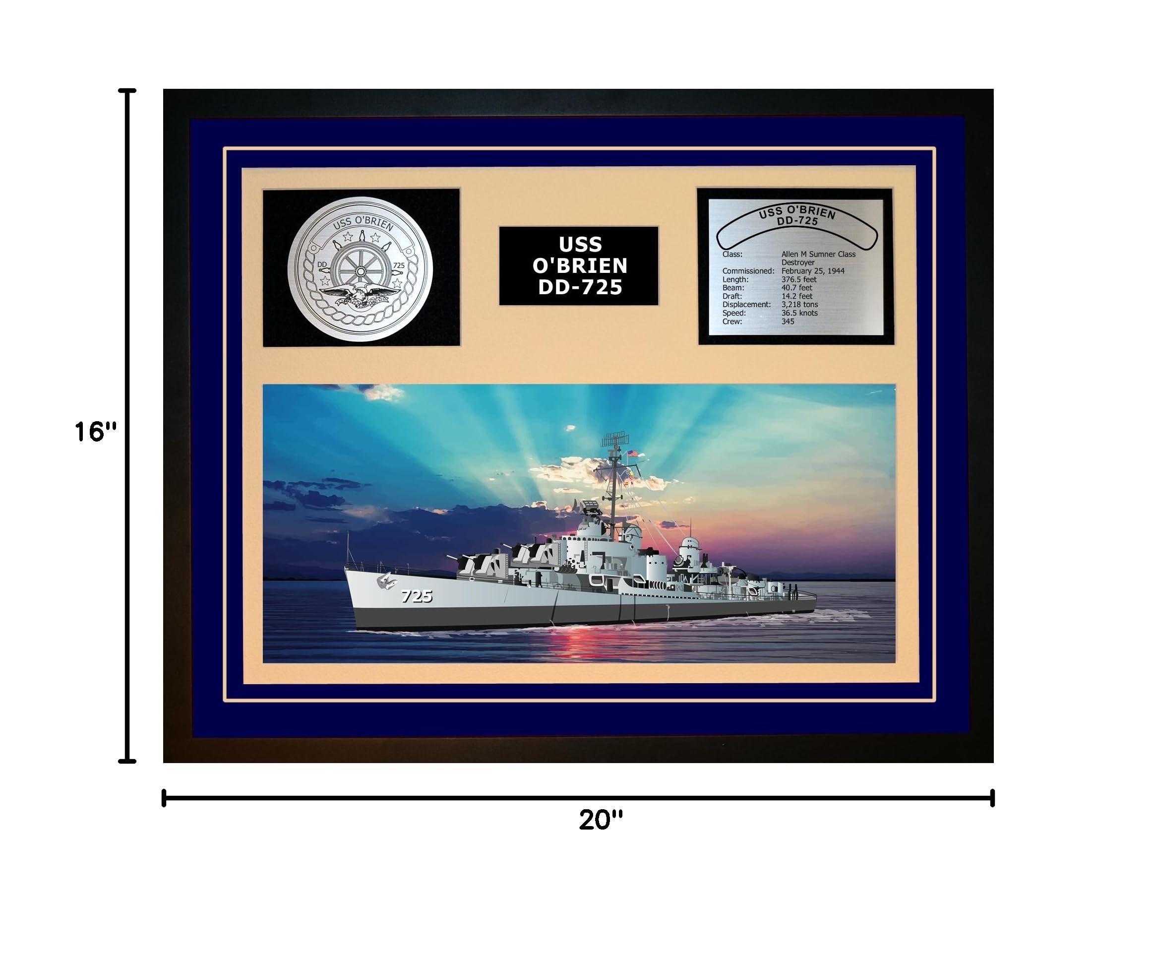 USS O'Brien DD-725 Navy Ship Display - Framed Blue Military Decor for Home, Office & Gifts | Navy Emporium
