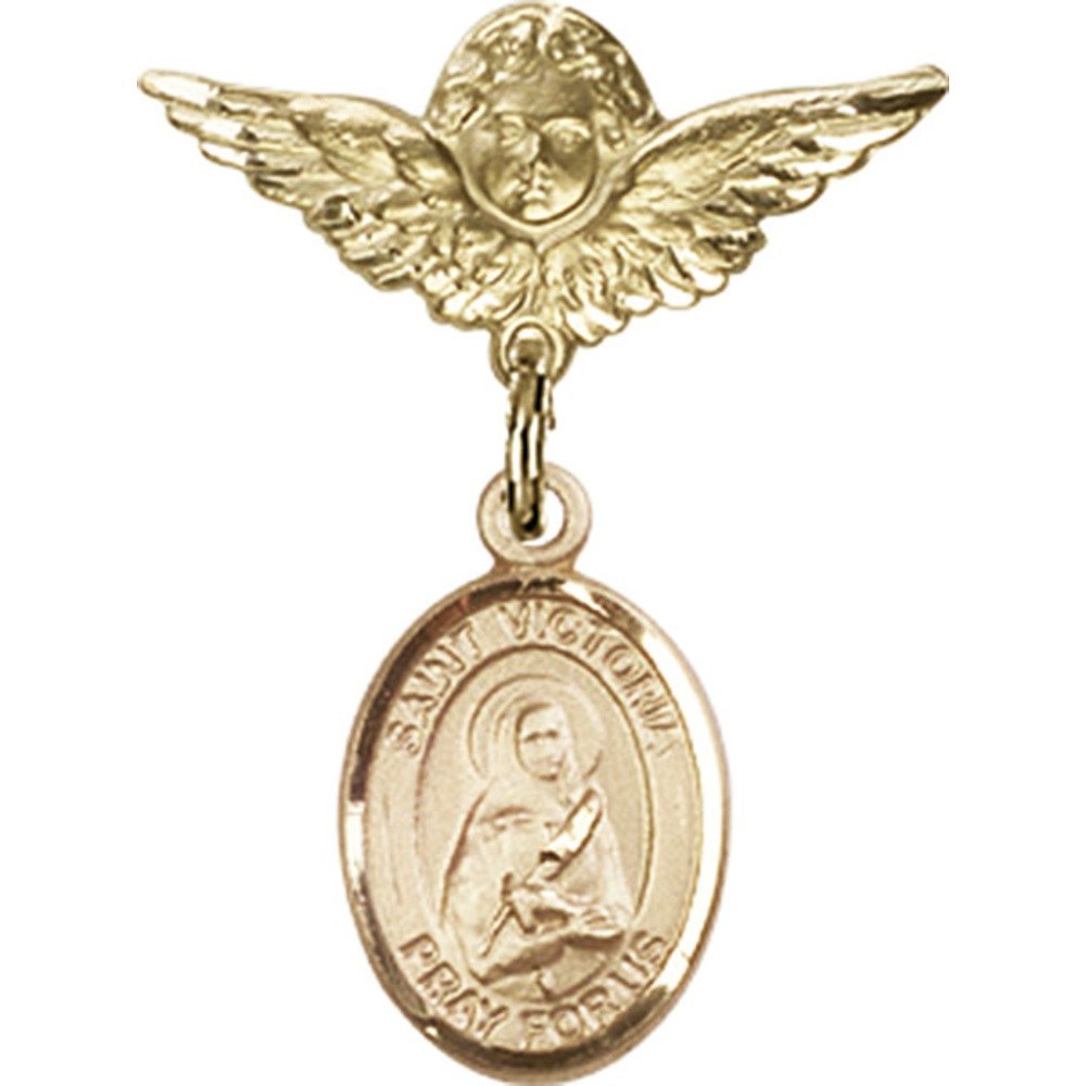 Gold Filled Baby Badge with St. Victoria Charm & Angel Wing Pin - 1 X 3/4 Inch - Perfect for Christening Gifts, Baby Showers & Keepsake Jewelry