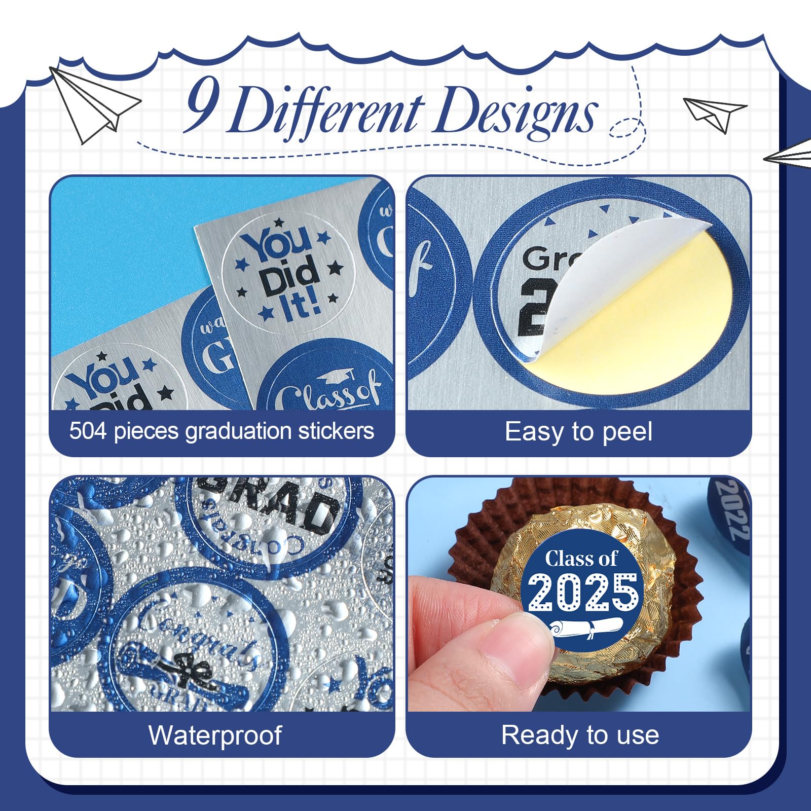 Chinco 504-Piece 2025 Graduation Stickers Set - Congrats Grad Senior Class of 2025 Party Supplies - Candy Labels & Chocolate Stickers for High School, College, Doctorate Graduation Celebrations (Blue) - Perfect for Graduation Party Decorations, Gift Wrapping & Dessert Toppers