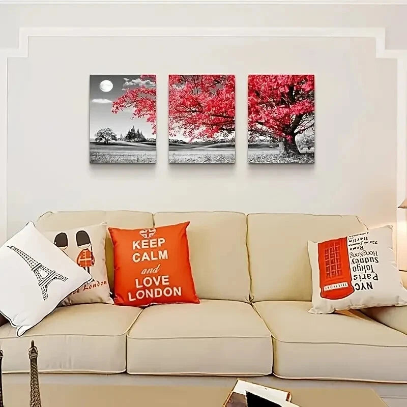 3-Piece Black and White Red Tree Moon Landscape Metal Wall Art - Ready to Hang Modern Home Decor for Living Room, Bedroom & Office