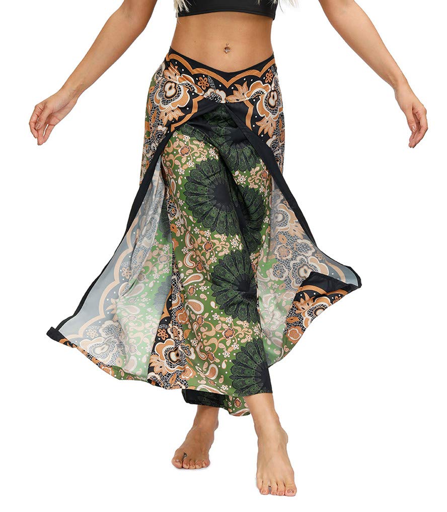 ENLACHIC Women's Boho Printed Palazzo Yoga Pants - High Waisted Wide Leg Workout Lounge Pants with Side Split for Yoga, Gym, Running & Casual Wear
