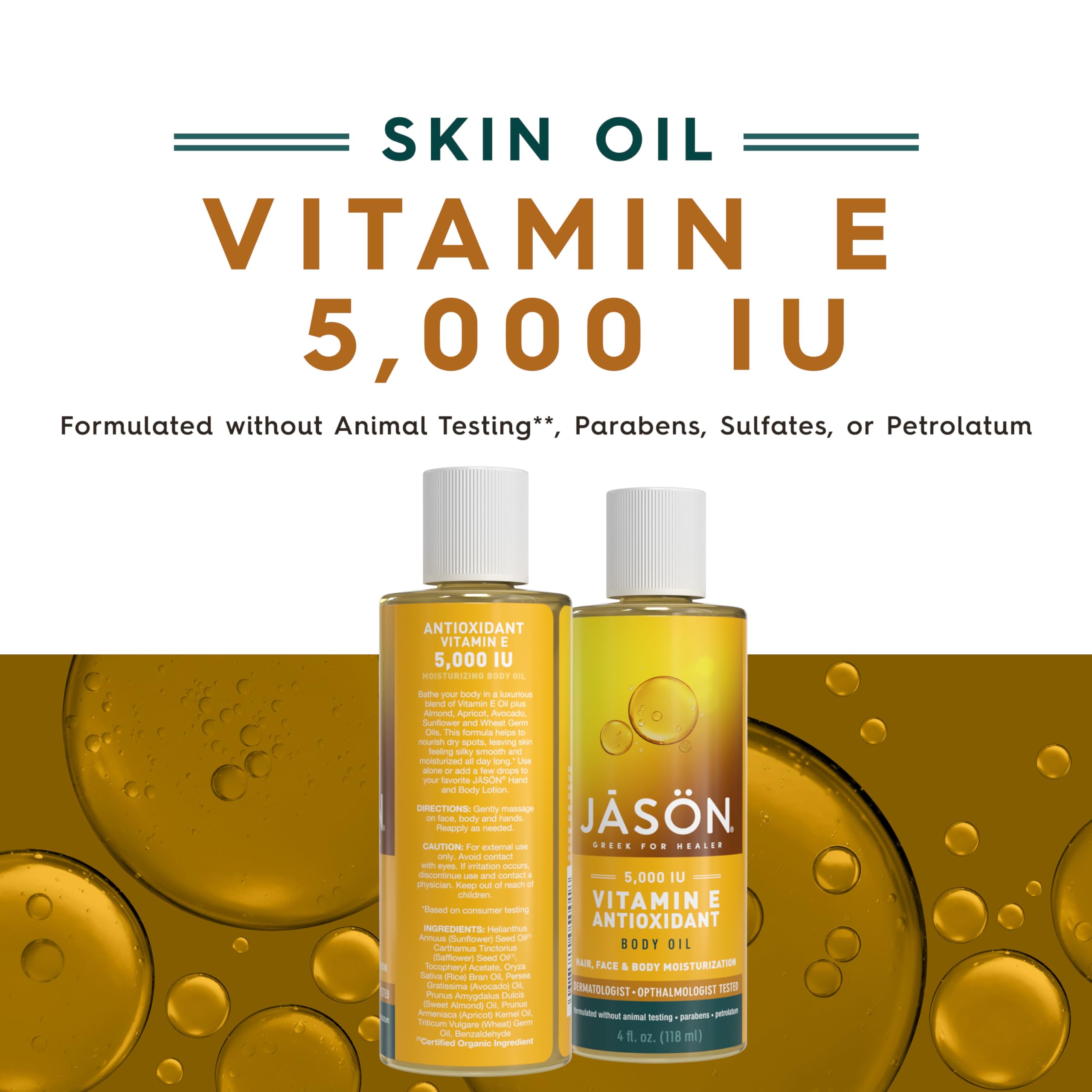 JASON Vitamin E 5,000 IU Moisturizing Body Oil - Hydrating for Hair, Face & Skin - 4 fl oz - Perfect for Dry Skin Care & Daily Beauty Routine