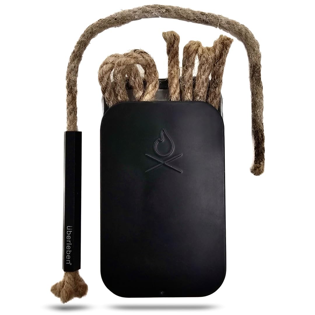 Überleben Tindår Fire Starter Kit - Waterproof Survival Fire Starter with 60 Min Burn Time, Parrafin Wax Rope & Hemp Wick - Includes Black Aluminum Sleeve & Slider Box - Perfect for Camping, Hiking, and Outdoor Emergency Preparedness