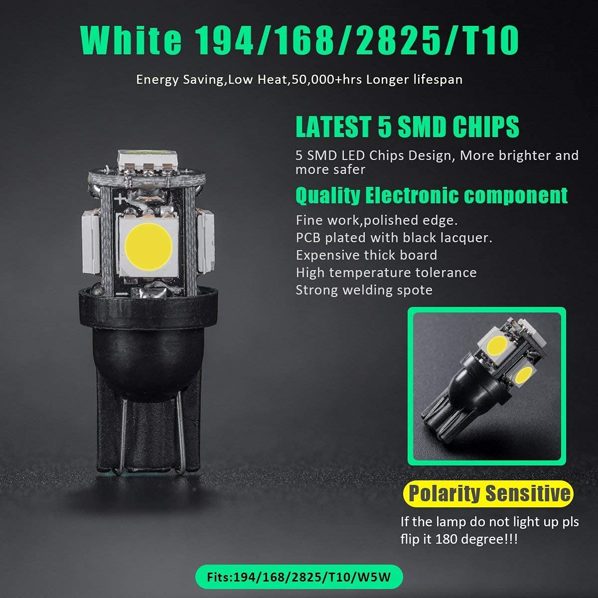 MarsAuto 194 LED Light Bulbs - Super Bright T10 168 2825 5SMD LED Bulbs for Interior Car Lights, License Plate Lights, Dome Map & Door Lights | Perfect for Car Upgrades & Nighttime Visibility
