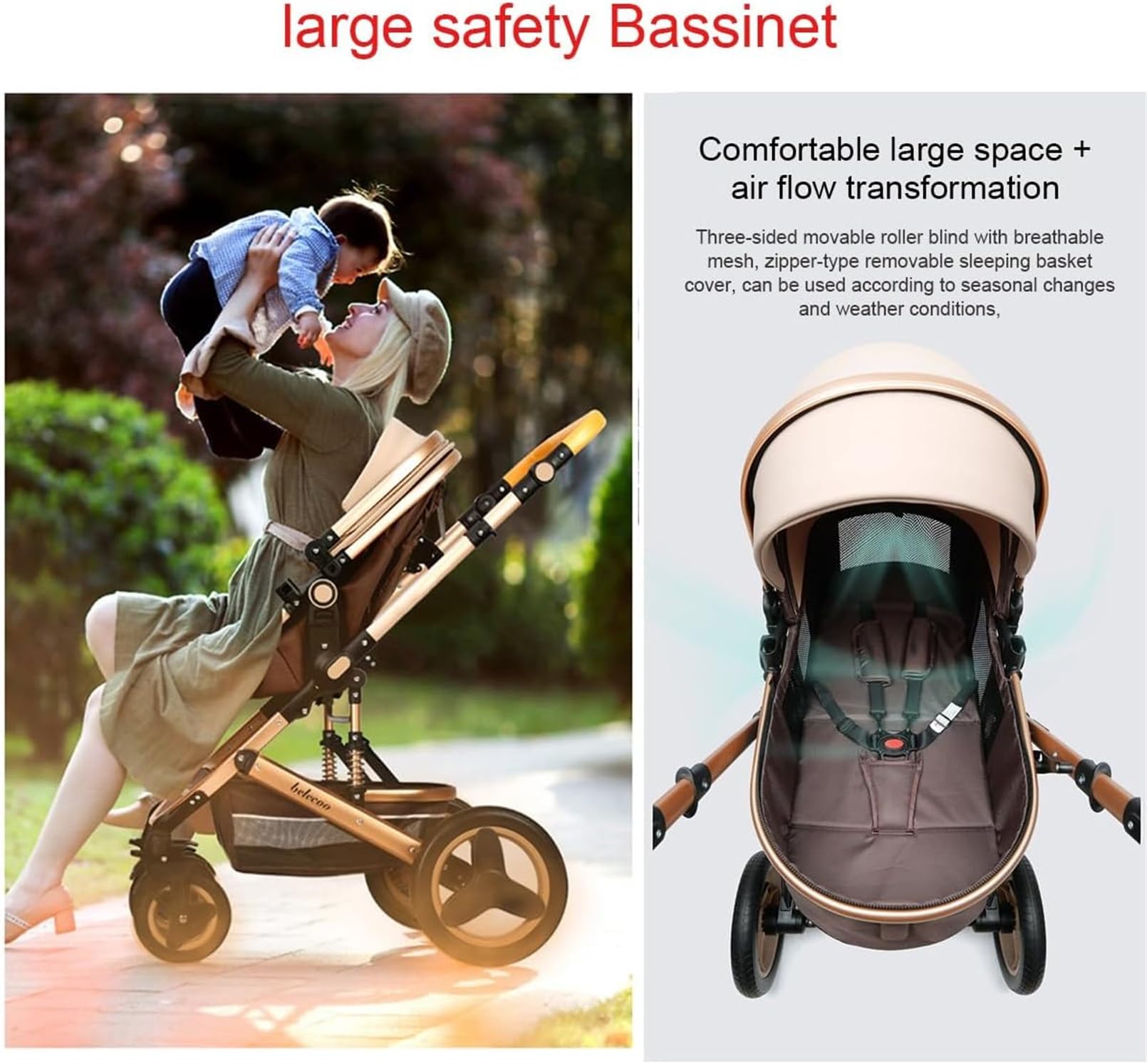 2 in 1 Baby Stroller - Foldable High Landscape Infant Stroller & Reversible Bassinet Pushchair with Adjustable Canopy (Khaki) | Perfect for Newborns, Travel, Shopping & Outdoor Walks