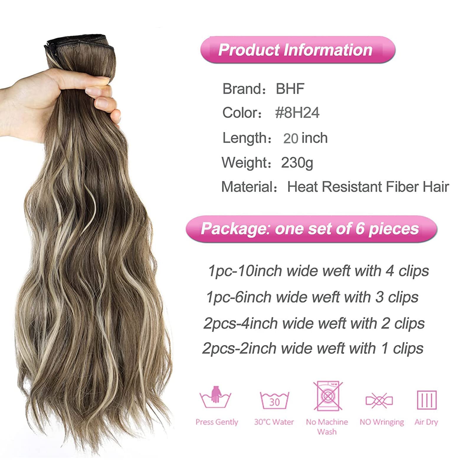 20 Inch Wavy Clip-in Hair Extensions for Women - 6pcs Double Weft Synthetic Hair Piece, Thick Long Curly Hair Extensions (Brown Mixed Ash Blonde) - Perfect for Parties, Weddings & Daily Styling