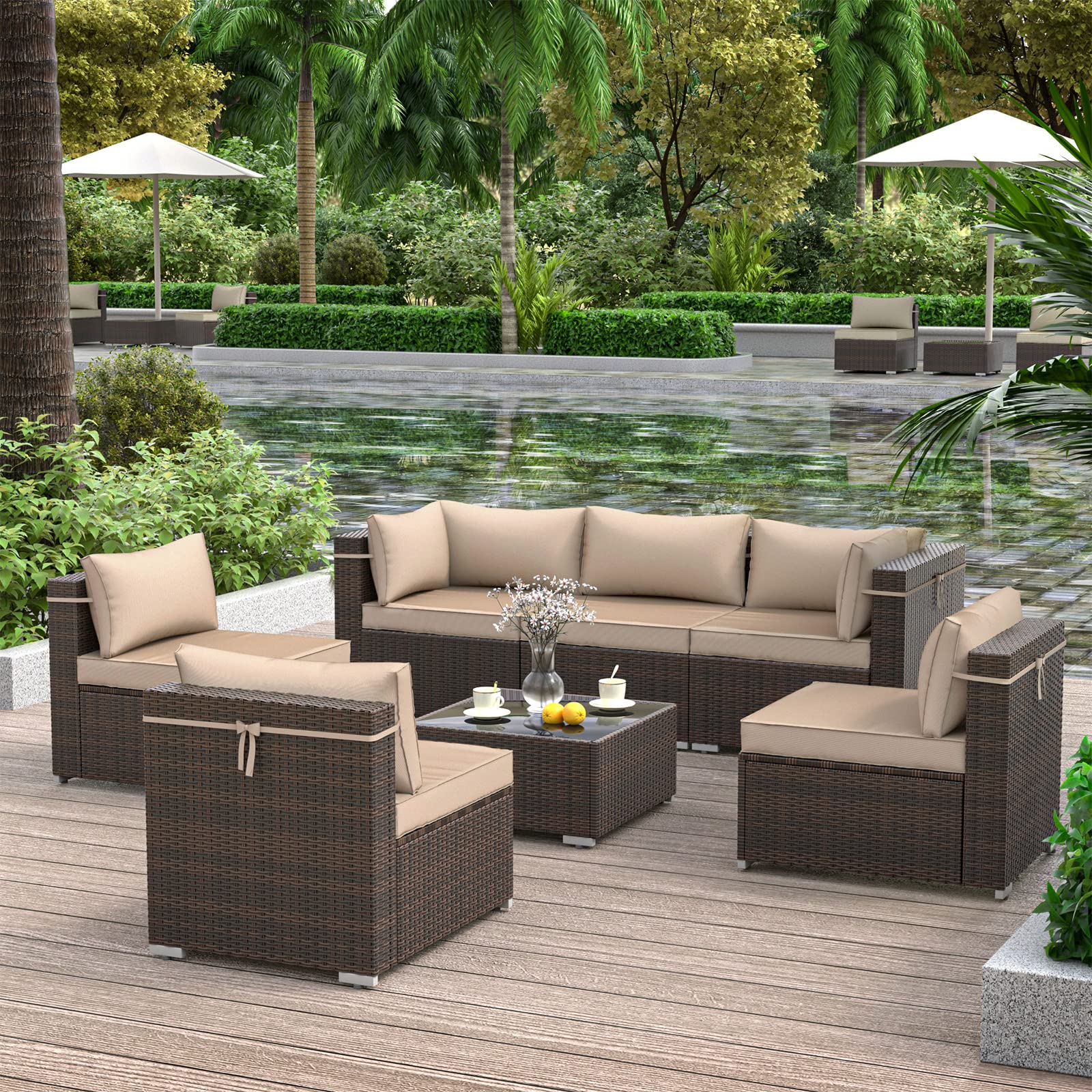 7-Piece Outdoor Patio Furniture Set - PE Rattan Wicker Sectional Sofa with 6 Seat Cushions & Tempered Glass Table - Brown Conversation Set for Garden, Backyard, Poolside (Includes Furniture Cover)