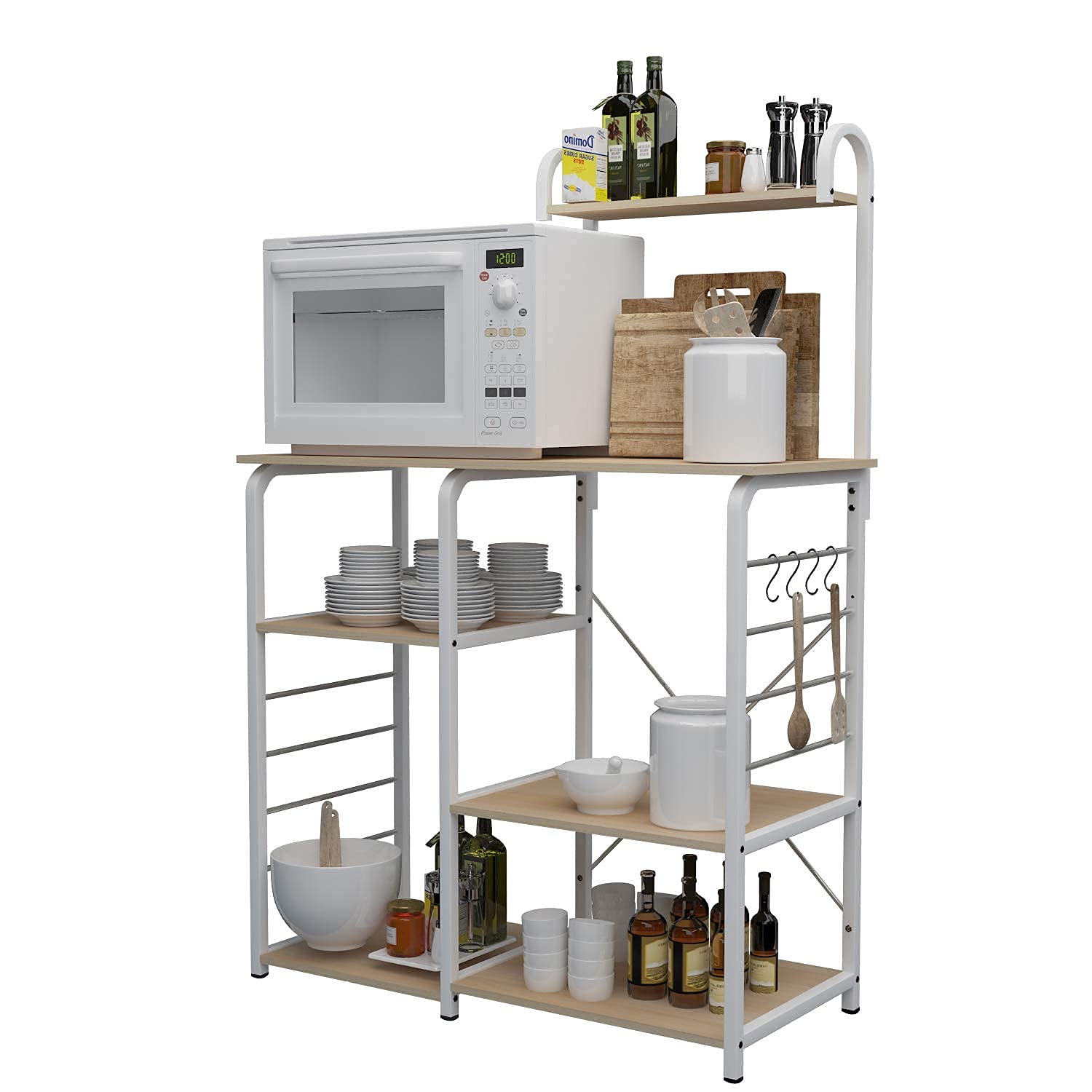 SogesPower 3-Tier & 4-Tier Kitchen Baker's Rack with Microwave Stand - White Maple Storage Shelf Organizer for Kitchen, Living Room, Pantry | Space-Saving Multifunctional Utility Shelf for Small Apartments & Home Organization