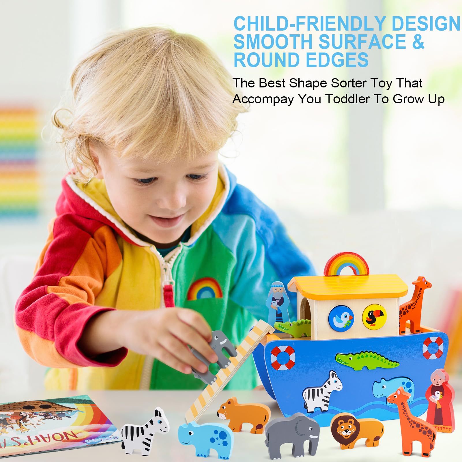 Noah's Ark Wooden Toy Set for Toddlers - Animal Shape Sorter Montessori Learning Toy with Bible Story Book - Perfect Baptism Gift for 1 2 3 Year Old Boys & Girls (12-24 Months) - Great for Early Education, Playtime & Sunday School Activities