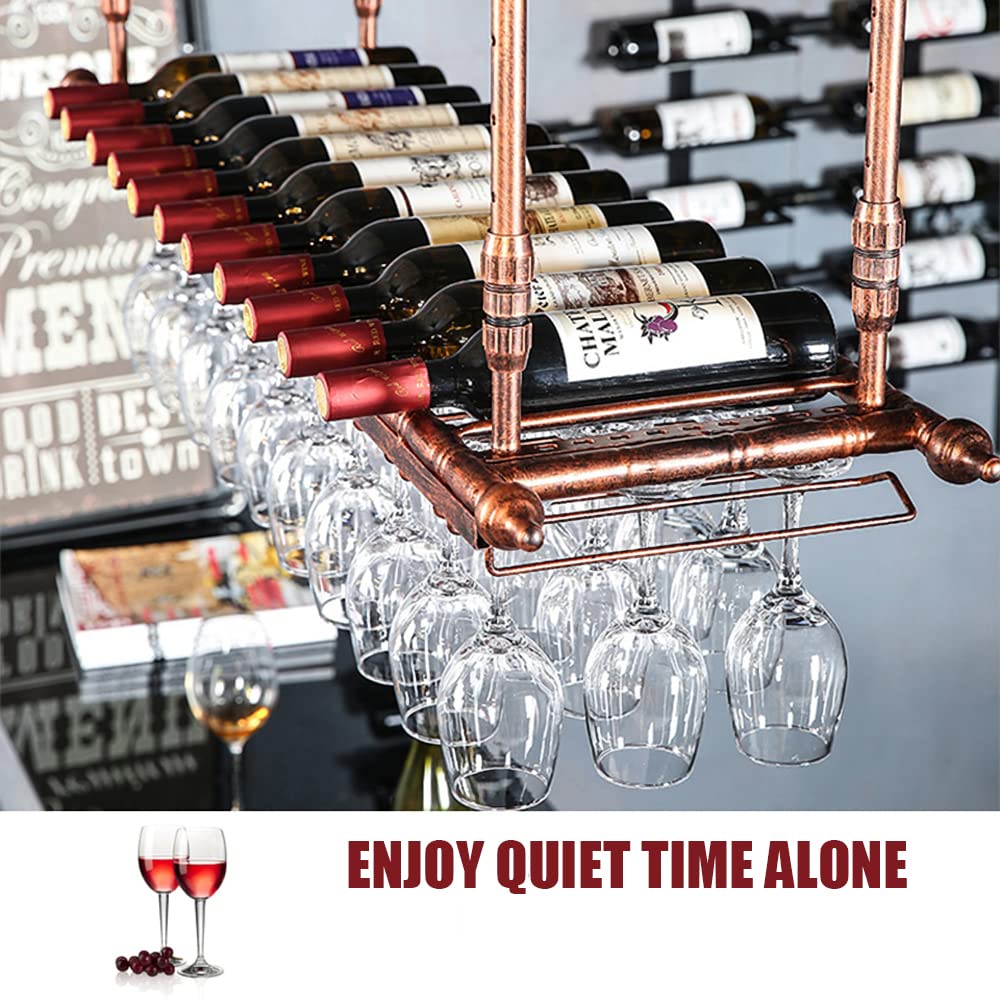 Rustic Wall Mounted Wine Rack with Adjustable Hanging Bar & Glass Holder - 47.2 Inch Bottle Shelf for Kitchen, Bar, Dining Room - Perfect for Home Decor & Wine Storage Organization