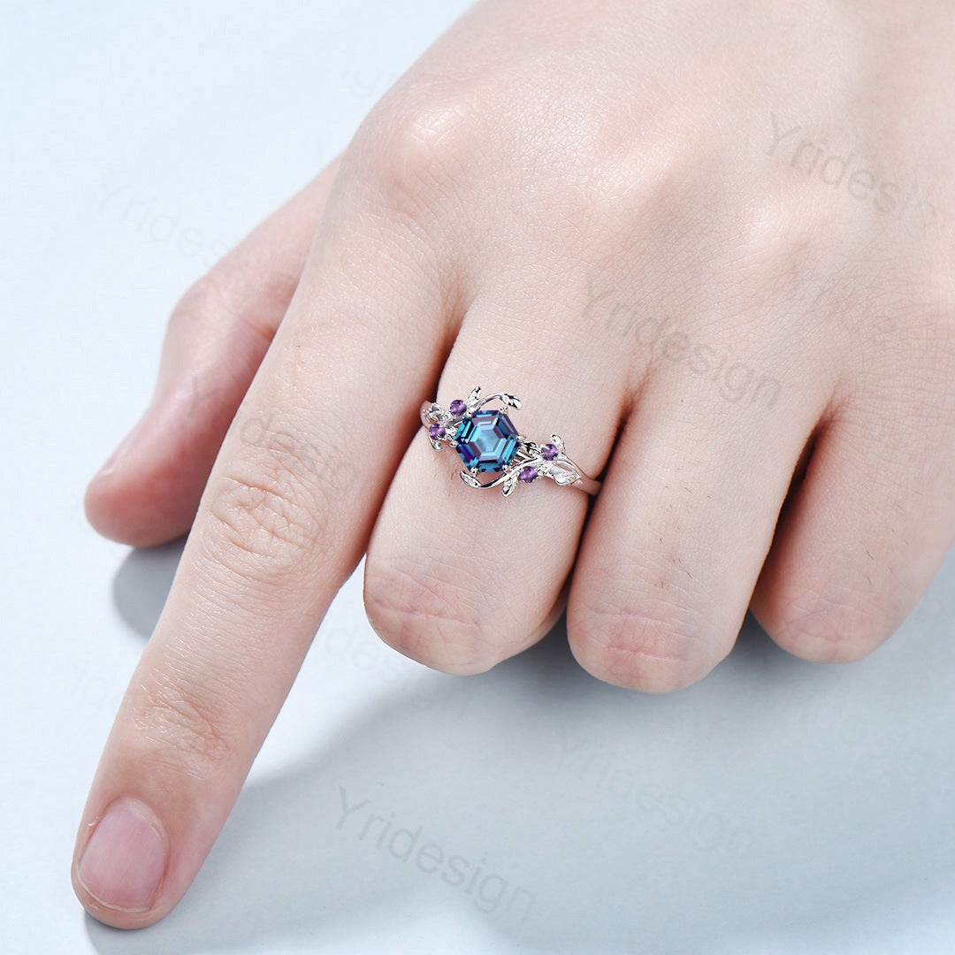 Vintage Hexagon Alexandrite and Amethyst Engagement Ring - Unique 6-Prong Bridal Ring for Women with Leaf Vine Design | Perfect for Promise Rings, Weddings & Special Occasions
