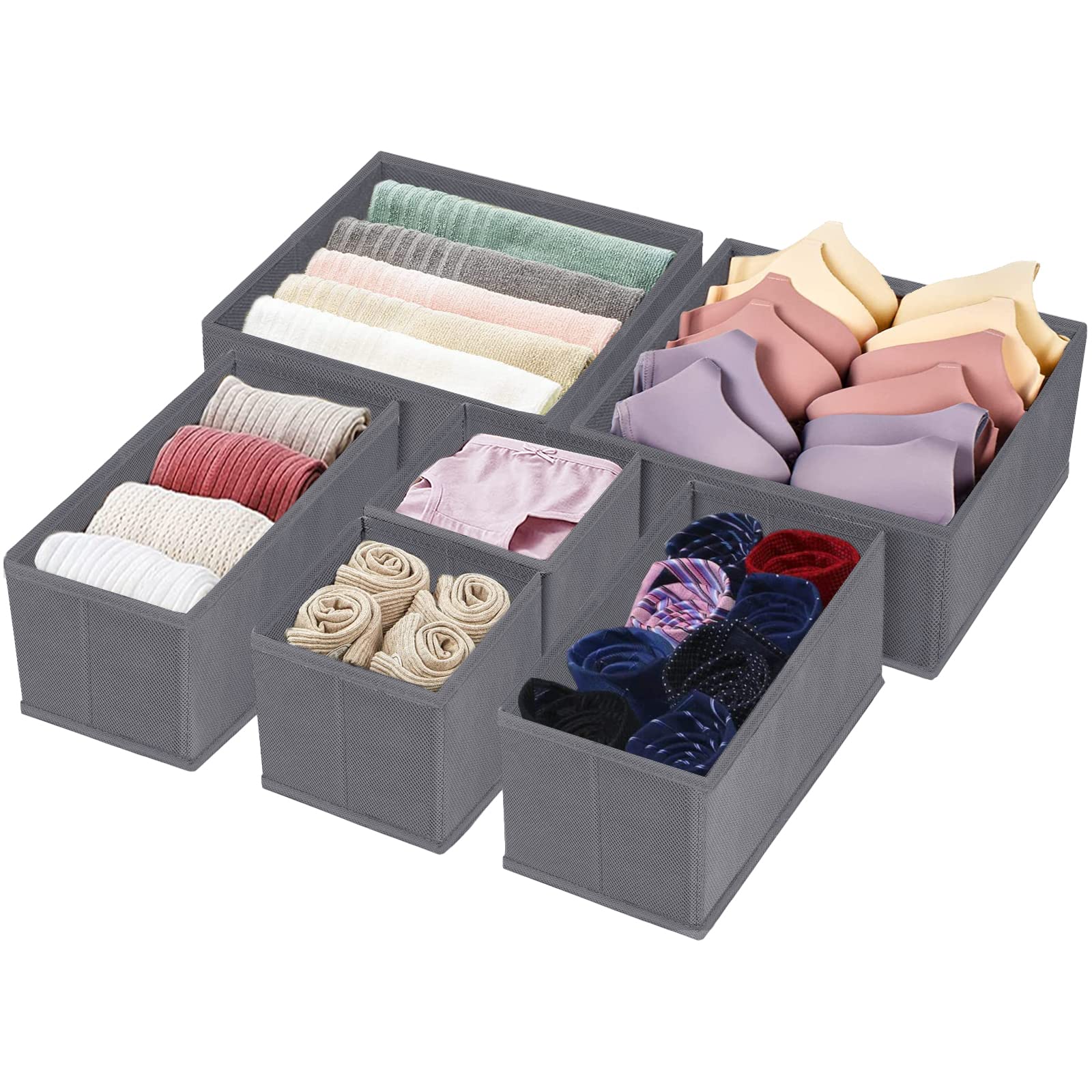 Homyfort Foldable Cloth Dresser Drawer Organizer - 6-Piece Set of Storage Bins & Dividers for Underwear, Bras, Socks, Ties, Scarves | Space-Saving Closet & Bedroom Organization Solution (Grey)