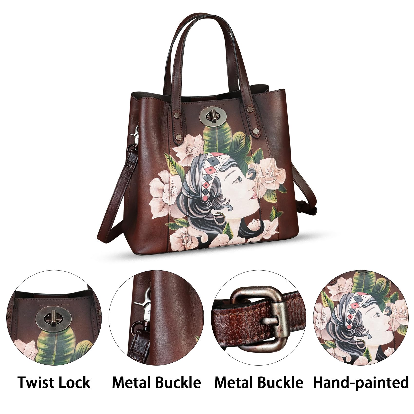 Genuine Leather Handbag for Women - Handcrafted Satchel with Hand-Painted Design, Work Tote & Casual Shoulder Purse - Perfect for Office, Travel & Everyday Use