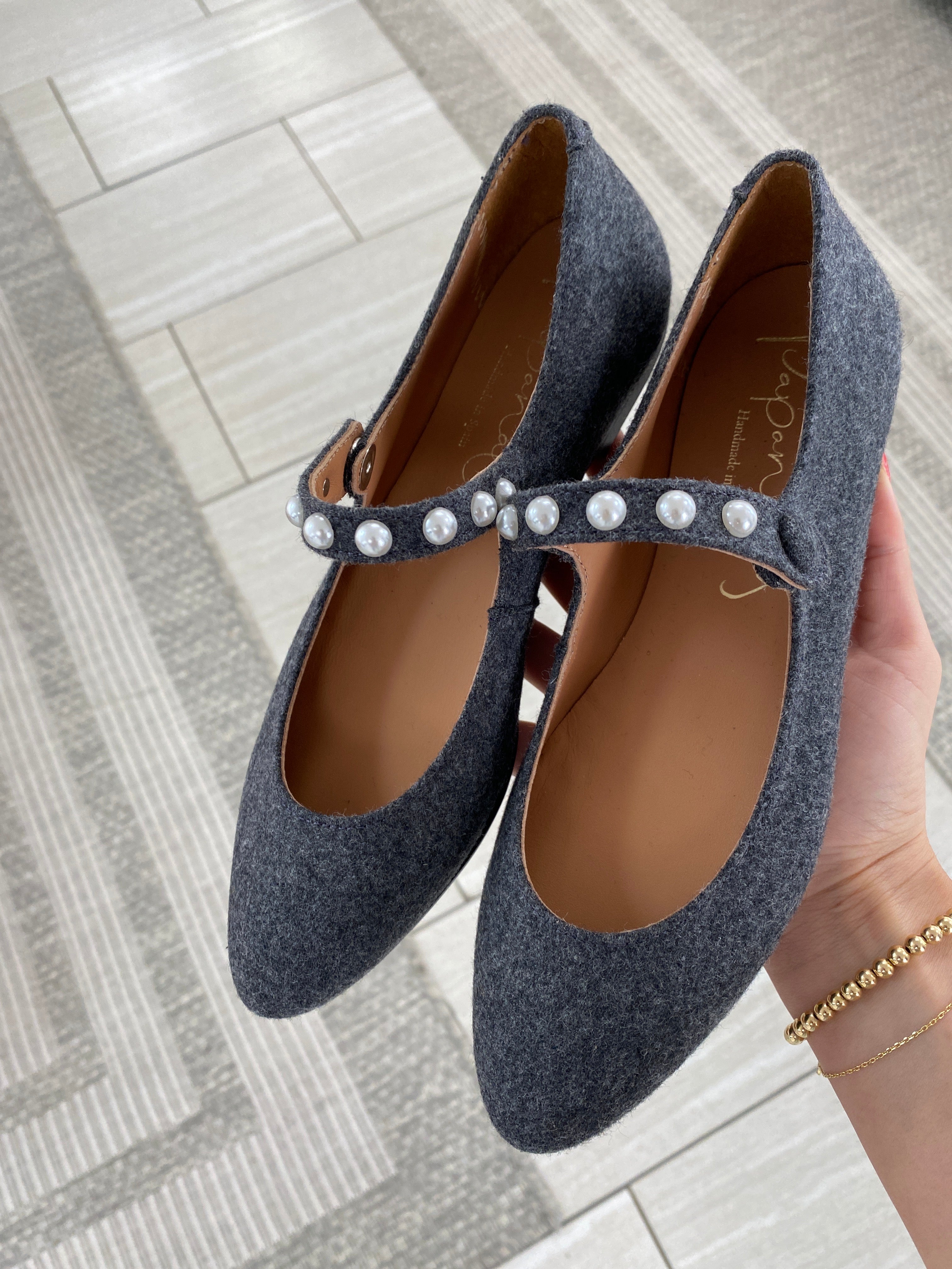 Elegant Gray Flannel Pearl Pointed Mary Jane Shoes for Women | Comfortable & Stylish Flats | Perfect for Office, Weddings & Formal Events