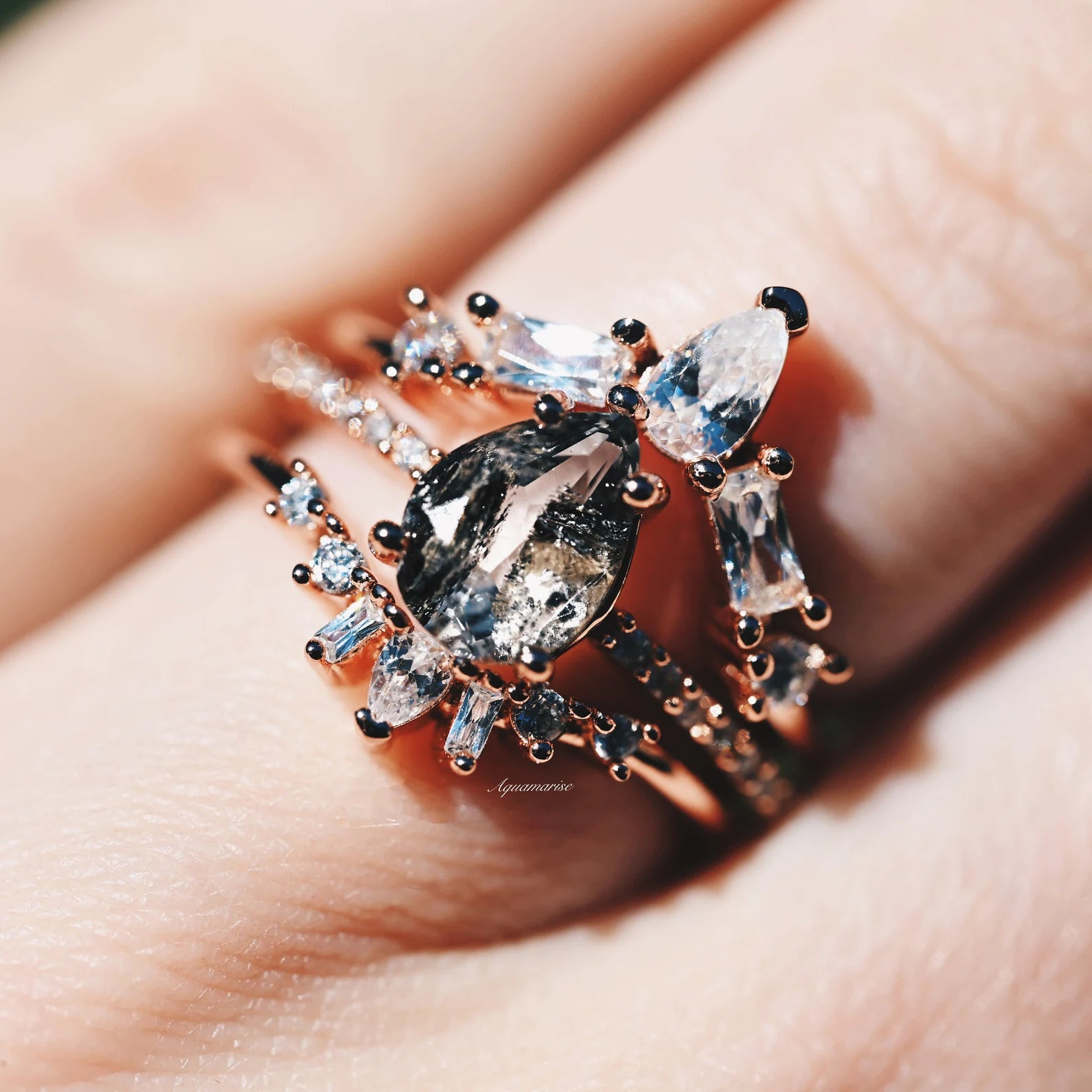 14K Rose Gold Vermeil Herkimer Diamond Ring Set - Raw Salt & Pepper Galaxy Design for Women, Perfect for Engagement, Wedding, Anniversary & Everyday Elegance