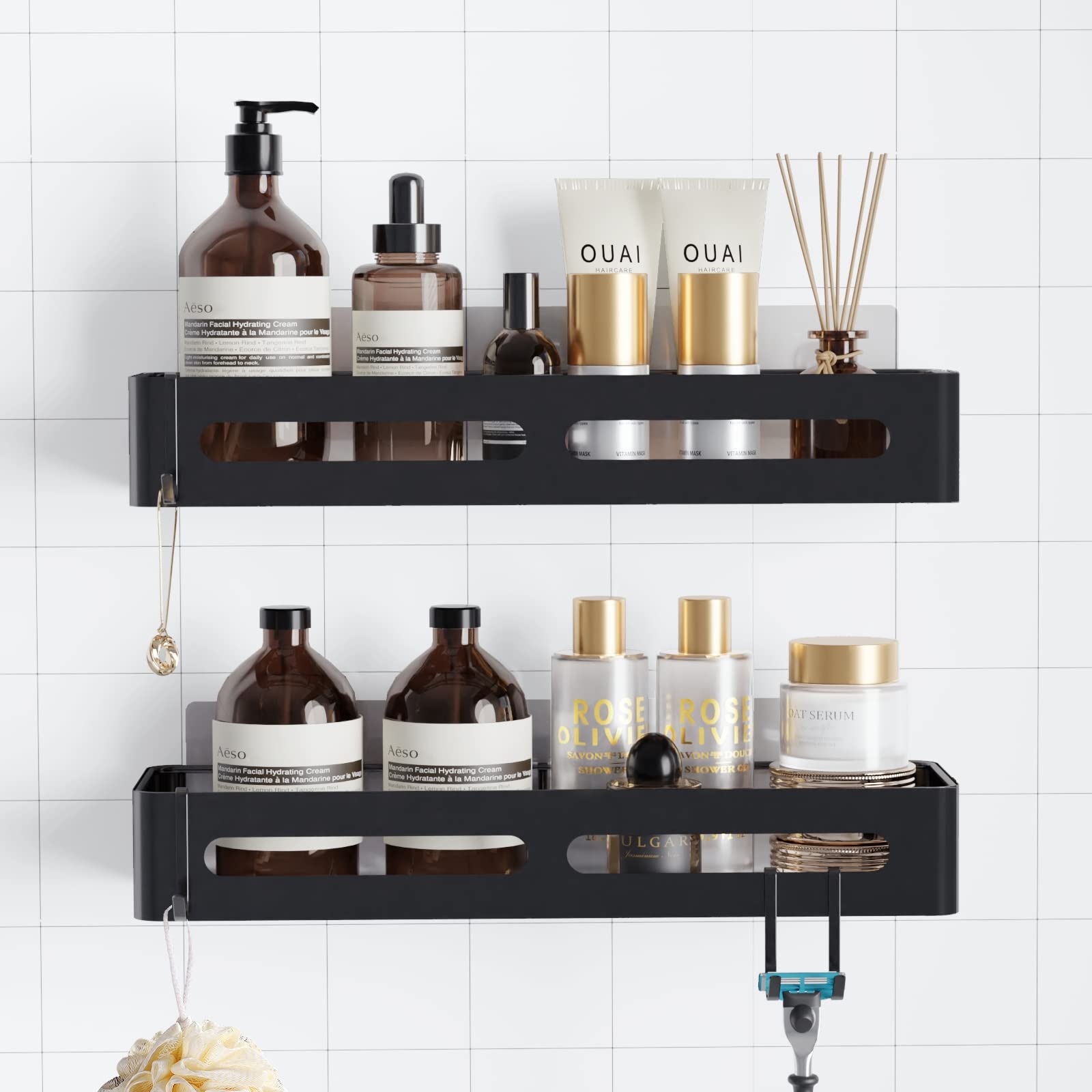 Sakugi 2-Pack Extra Large Shower Caddy Organizer - Waterproof Rustproof Bathroom Wall Mount Shelf with 4 Removable Hooks (Black) - No Drill Adhesive Installation for Shower, Bath, Pool & Gym Storage