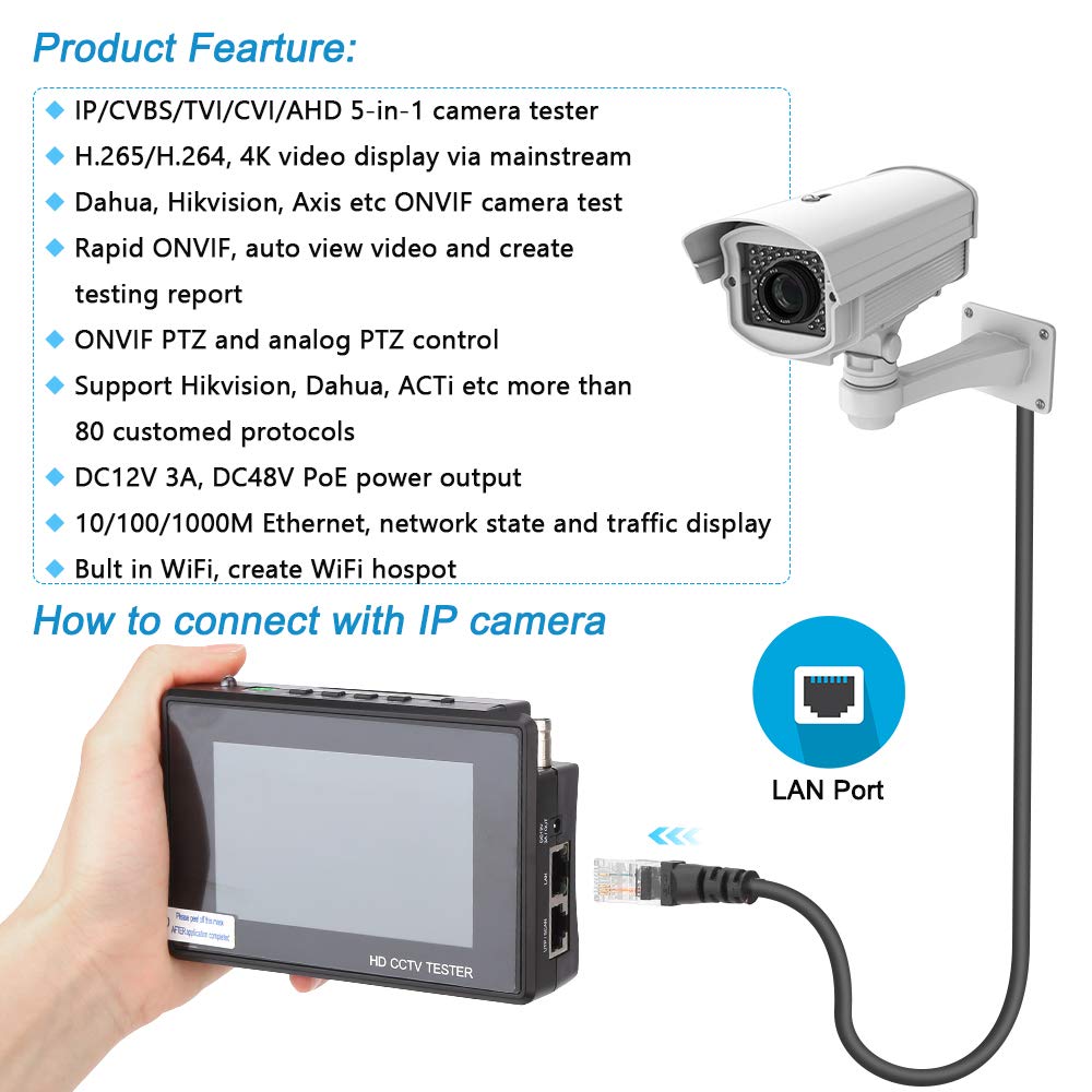 WSDCAM 4K H.265 CCTV Tester with Wire Tracker - 4 Inch Portable Wrist IP Camera Tester for CVBS CVI TVI AHD Analog & POE/IP Discovery - Generate Camera Test Reports - Perfect for Security Installations & Maintenance