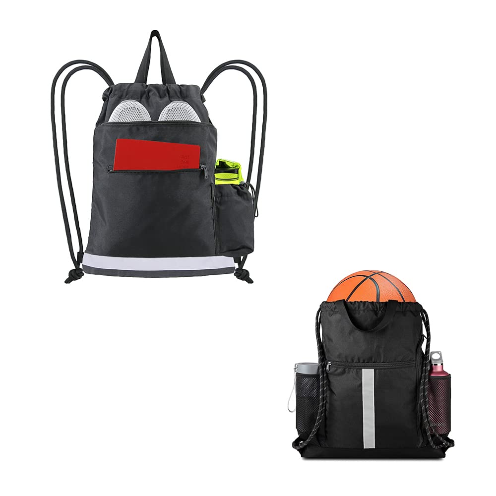 BeeGreen 2 Pack Black Drawstring Backpack with Shoe Compartment & Water Bottle Holder - Large Gym Sackpack for Men & Women - Perfect for Sports, Travel, School & Outdoor Activities