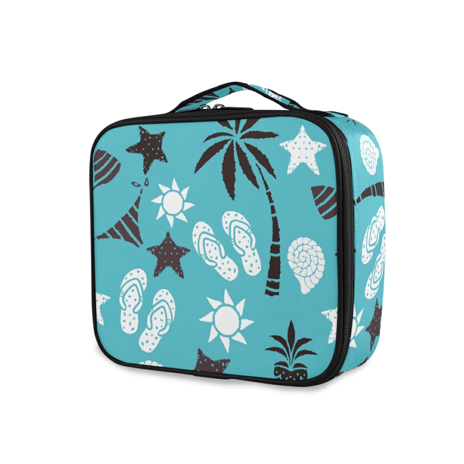 OTVEE Large Palm Tree Pineapple Print Flip Flop Makeup Train Case - Travel Cosmetic Organizer Bag with Adjustable Dividers | Perfect for Beach Vacations, Pool Parties & Summer Getaways