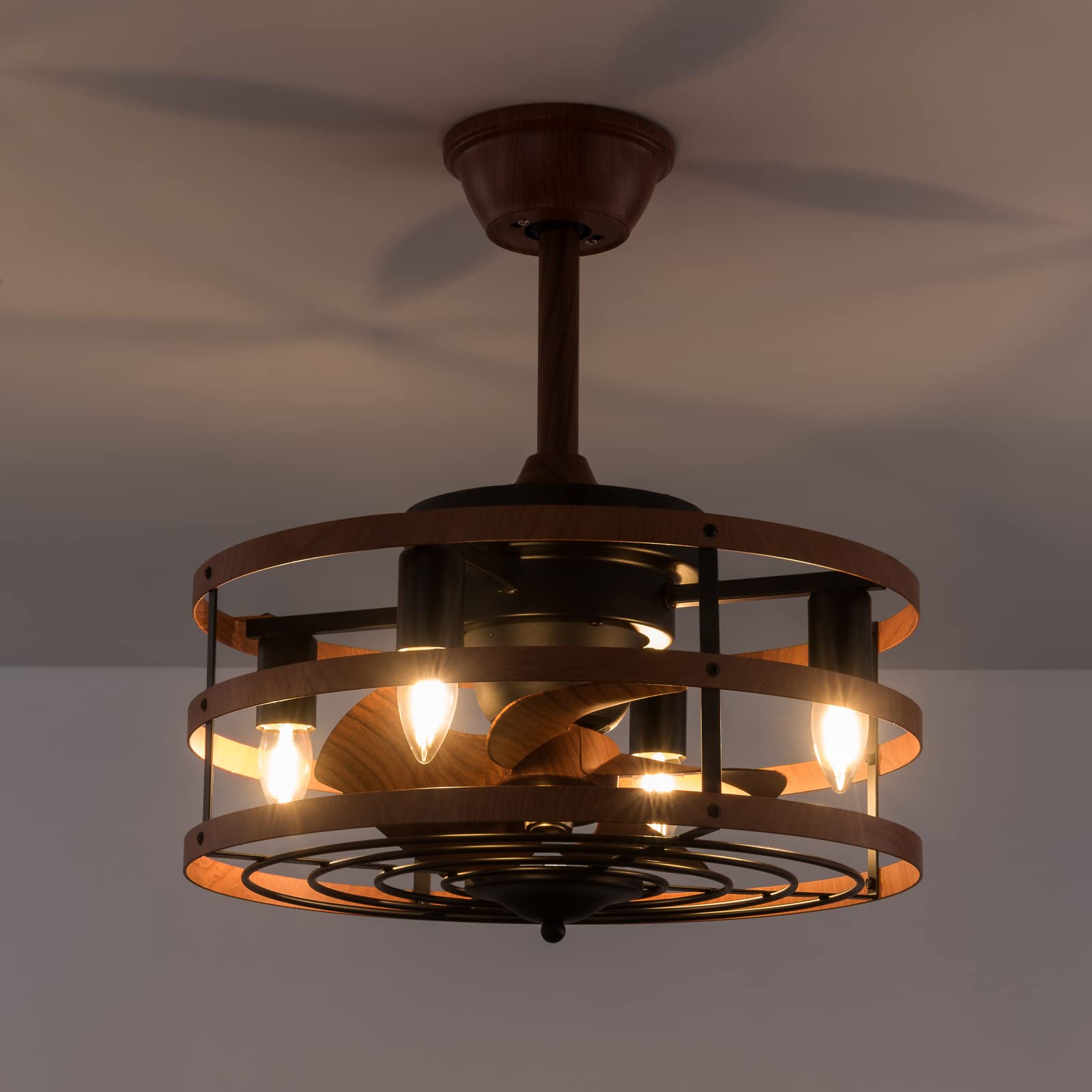 18 Inch Rustic Farmhouse Ceiling Fan with Lights & Remote Control - Wooden Rings Framed Modern Design for Small Bedroom (Down Rod Mount, Brown) | Perfect for Home, Office, and Indoor Spaces