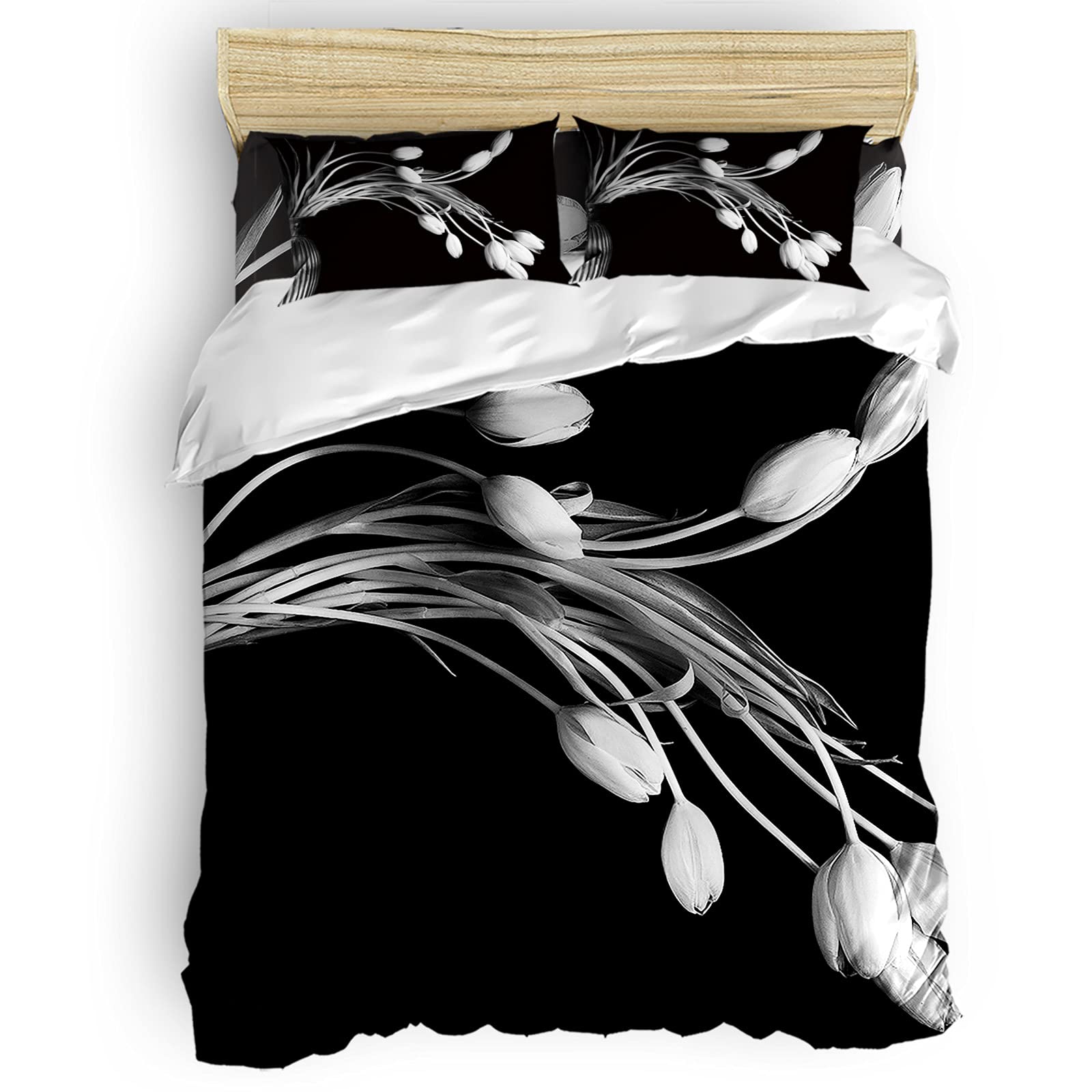 TAKEMEHOME 4-Piece Black and White Tulip Duvet Cover Set - Soft Floral Comforter Cover with 2 Pillowcases & Fitted Sheet - Perfect for Kids' Bedrooms, Boys & Girls Nursery Decor (Twin/Full/Queen Size)