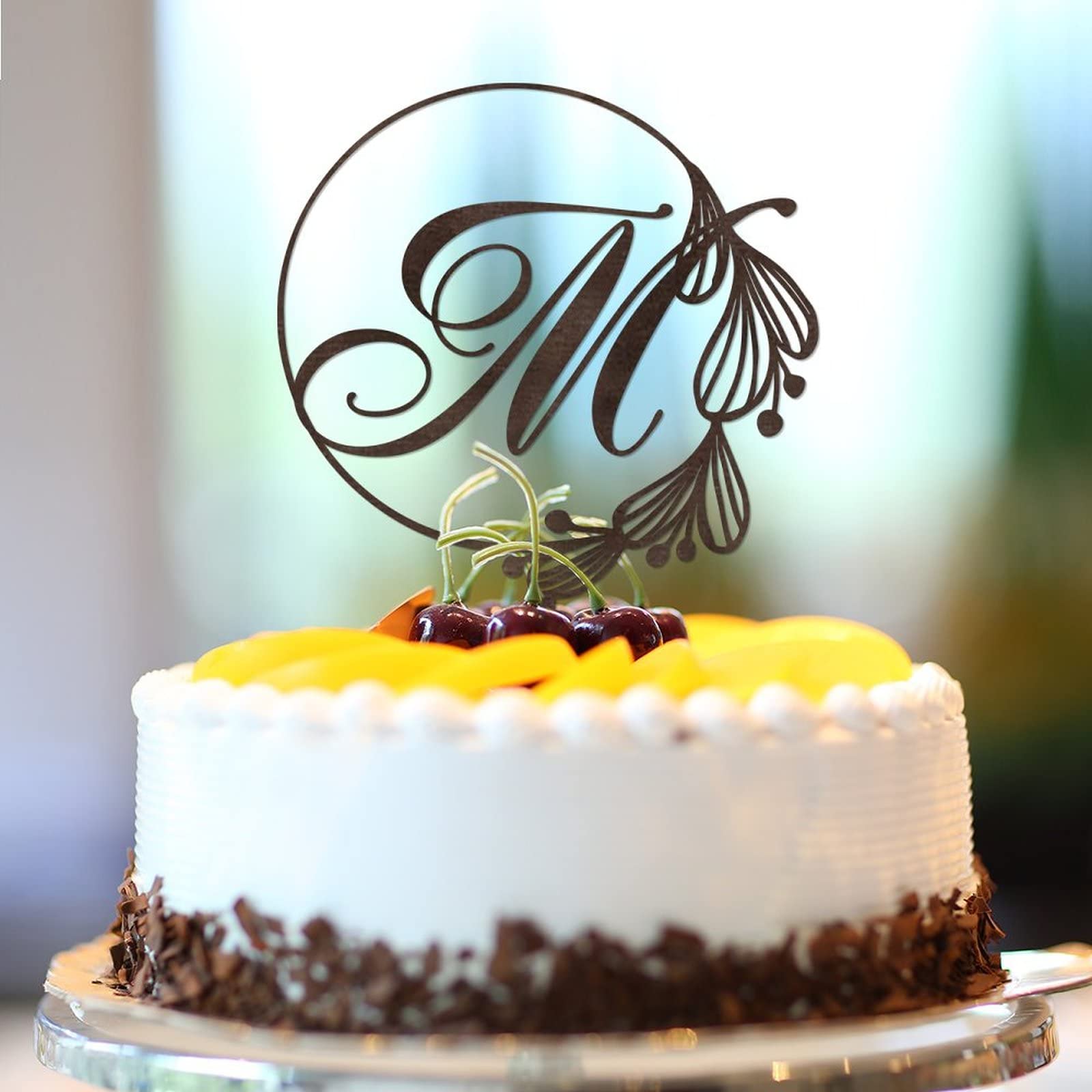 Personalized Initial M Cake Topper - Rustic Brown Wood Wreath Monogram Wedding Cake Decor (Design 06) - Perfect for Birthday, Anniversary, Bridal Shower & Rustic Wedding Cakes