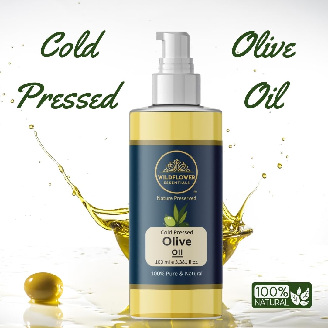 100% Pure Cold Pressed Extra Virgin Olive Oil for Face, Hair & Skin Care | Natural Carrier Oil for Baby Massage & Beard Care | 100ml Wildflower Essentials | Perfect for Daily Moisturizing & Aromatherapy