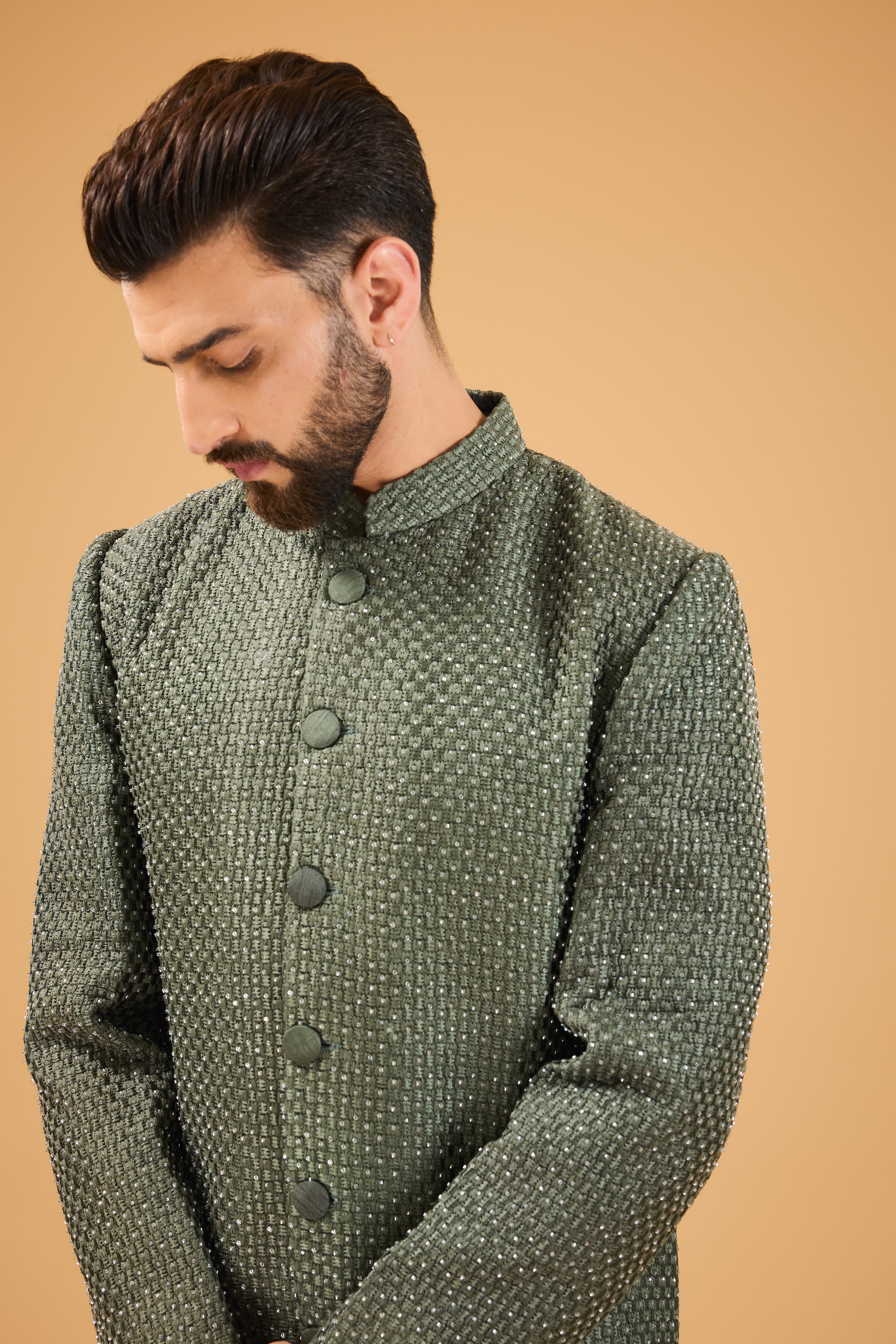 Exquisite Dana Work Military Green Sherwani for Men | Traditional Indian Wedding Attire | Perfect for Grooms & Special Occasions