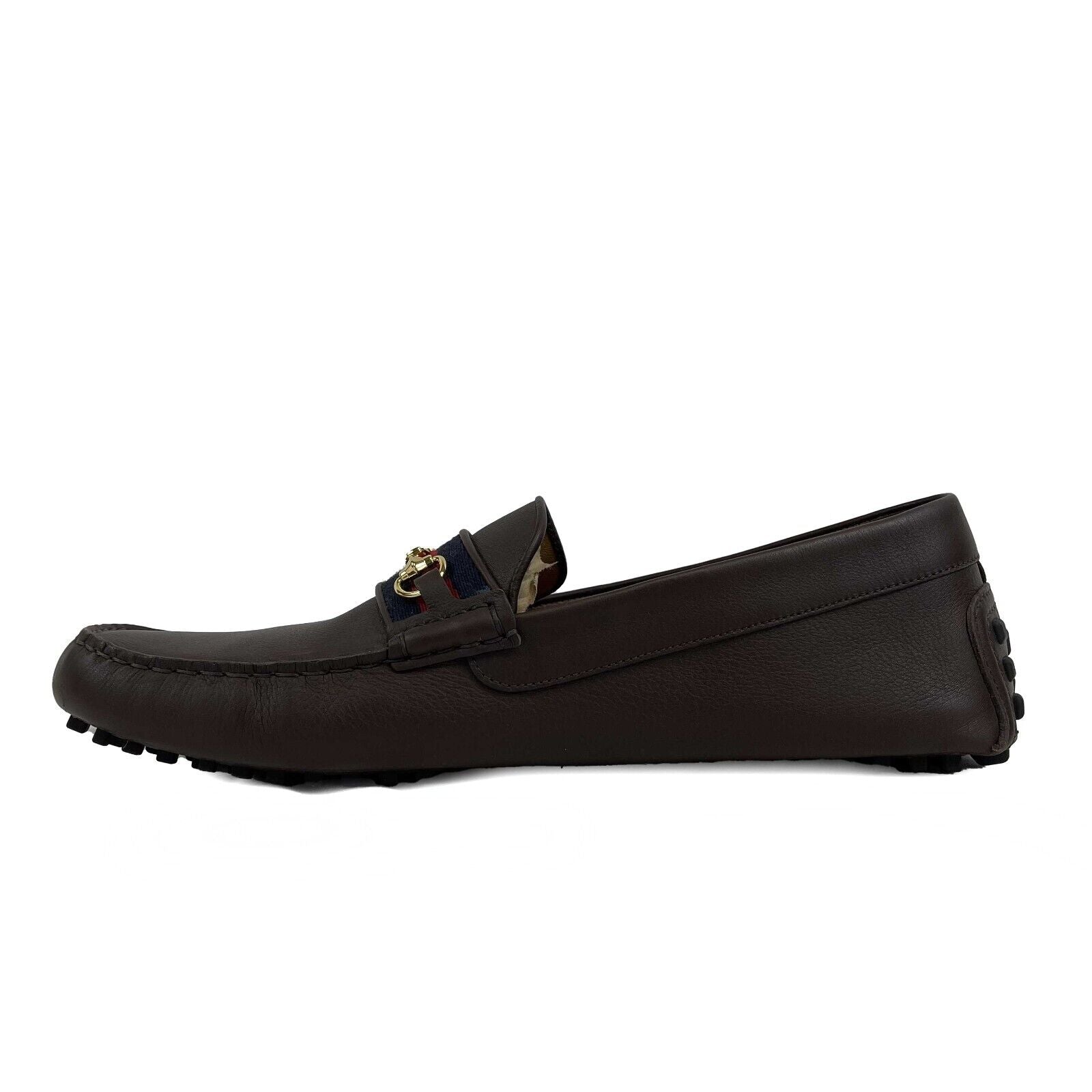 GUCCI Men's Cocoa Brown Leather Driver Shoes with Web Detail - Size 13/13.5 US - Luxury Casual & Business Loafers for Men