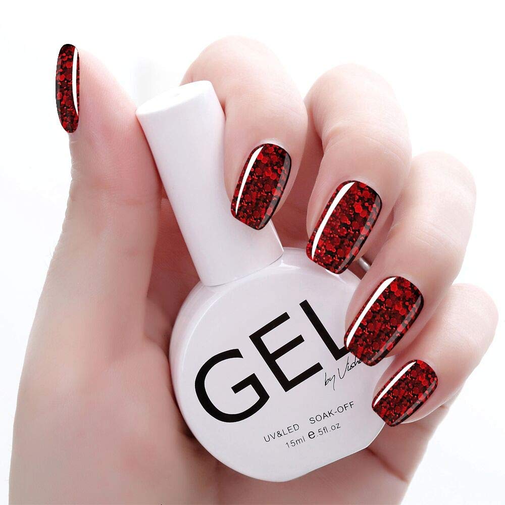 Vishine 15mL Soak Off Gel Nail Polish Set - Red & Red Glitter DUO (2PCS) | Christmas Gift Collection | Perfect for Holiday Manicures & Party Nail Art