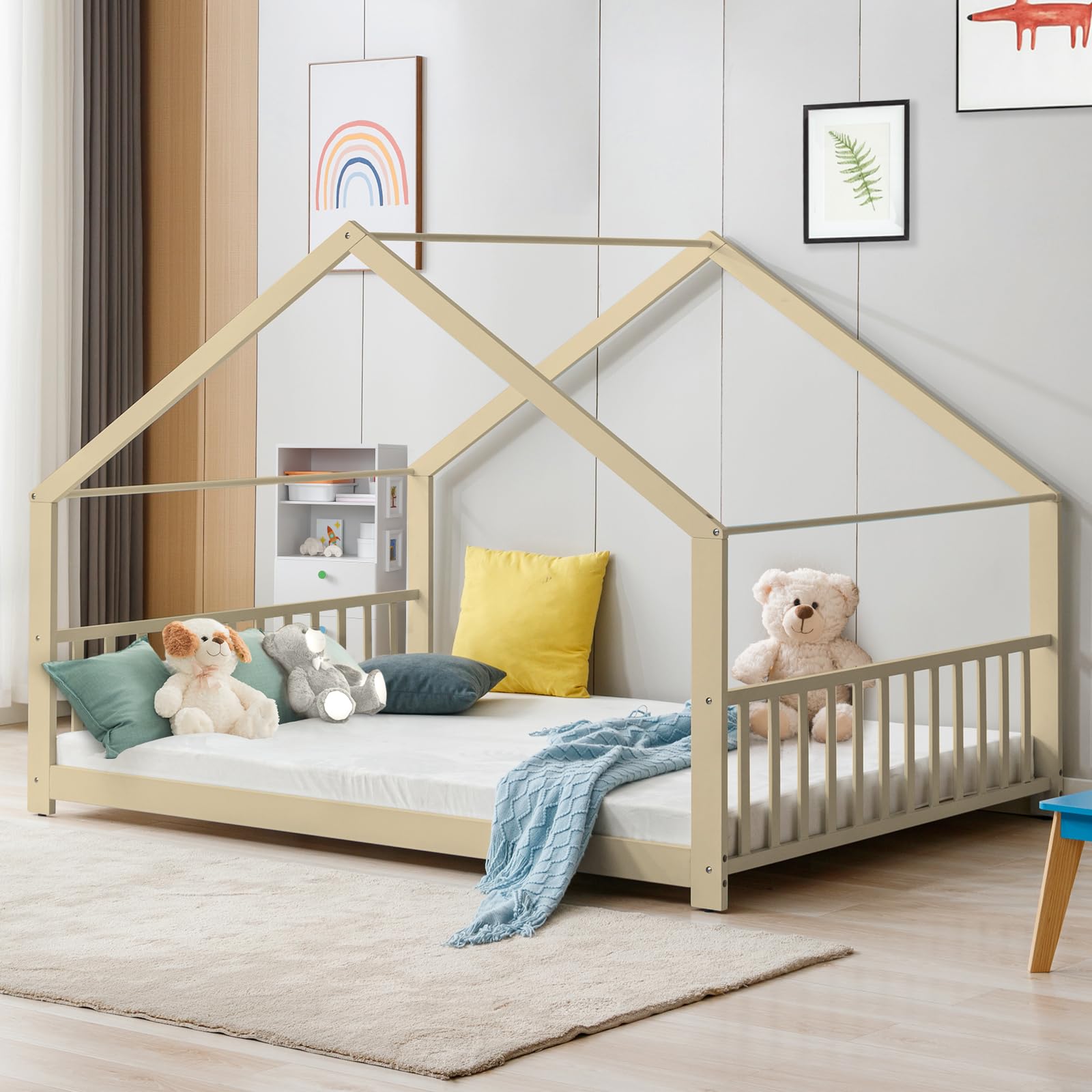 Montessori Floor Bed Full Size - Wooden House Bed Frame with Roof for Kids - Natural Wood Toddler Bed for Boys & Girls - Perfect for Bedrooms, Playrooms & Montessori Learning Spaces